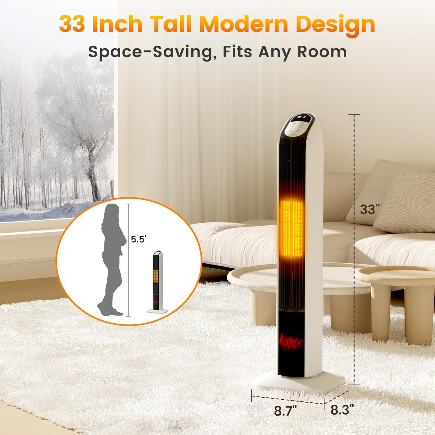Auertech 33" Space Heaters for Indoor Use Large Room, 1500W PTC Electric Heater with 3D Flame, Fireplace Heater with Remote Control & 12H Timer, Portable Tower Heaters for Bedroom, Office, Beige