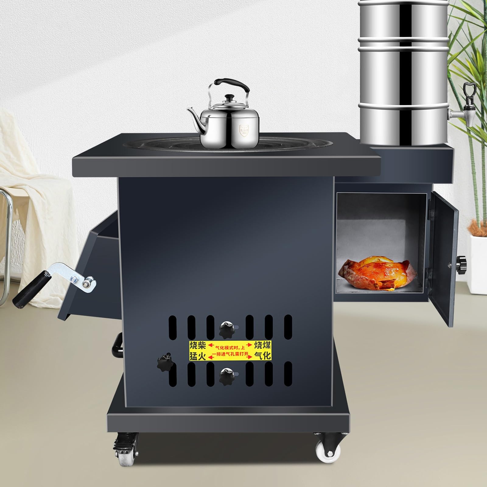 Stufe a Legna da Interno con Forno si Riscalda Rapidamente Combustione a Gassificazione Regolabile, Completamente Saldato Senza Fumo Stufa a Legna, per Riscaldare e Cucinare