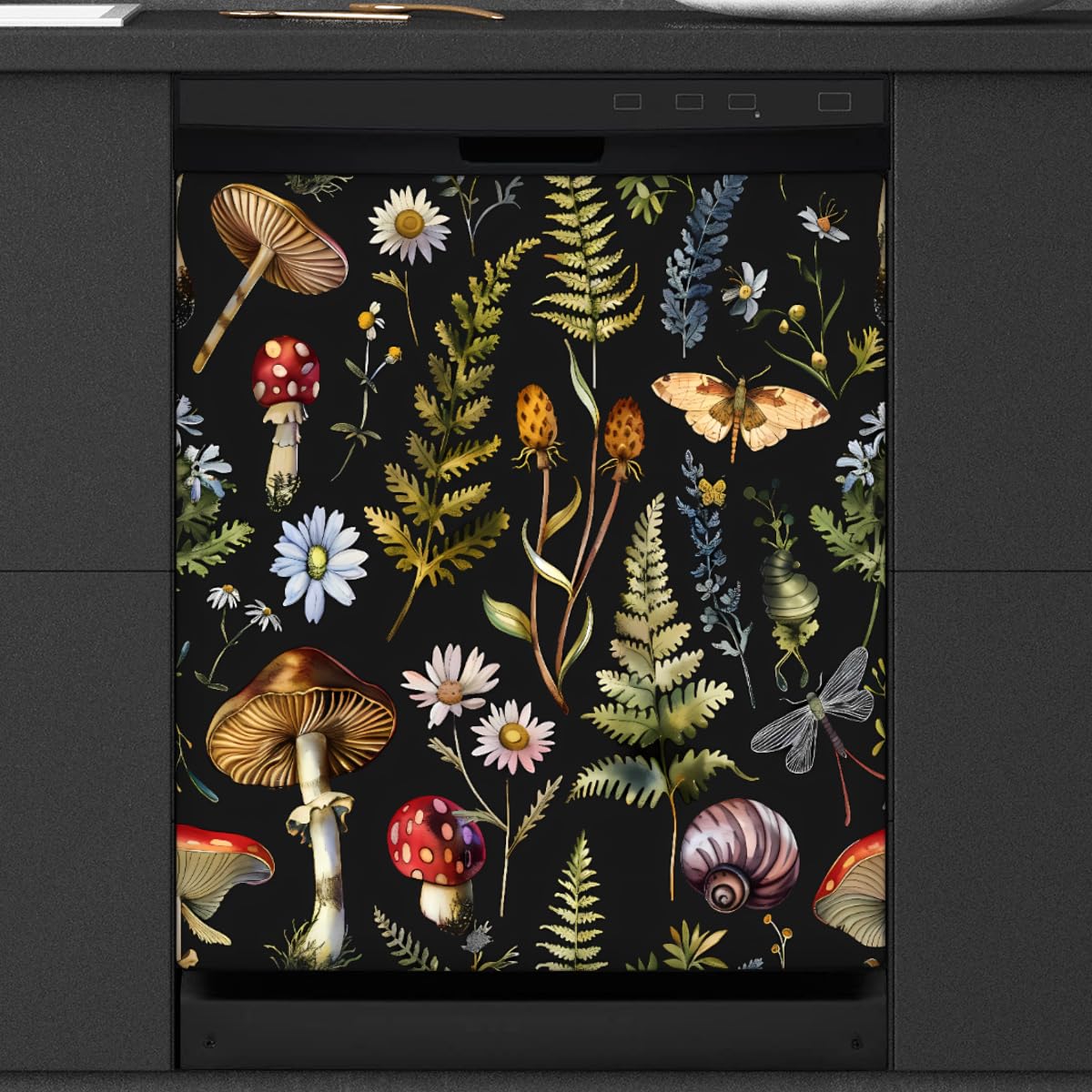 Dishwasher Magnet Cover Forest Mushroom Snails Leaves Reusable Dishwasher Magnetic Cover Sticker Decorative Dish Washer Door Cover Panel for Home Kitcen Appliance