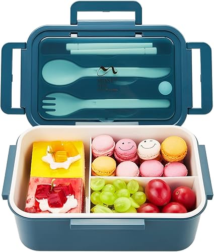 Thousanday Contenedores de almuerzo para niños y adultos, caja Bento con cuchara y tenedor, cajas reutilizables de 3 compartimentos divididos para