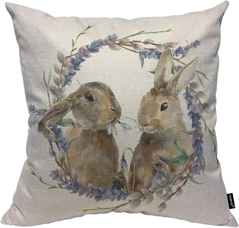 HOSNYE Rabbit Cotton Linen Throw Pillow Case Watercolor Easter Bunny with Floral Wreath Pillow Cushion Covers Home Sofa Decorative 18 X 18 Inch