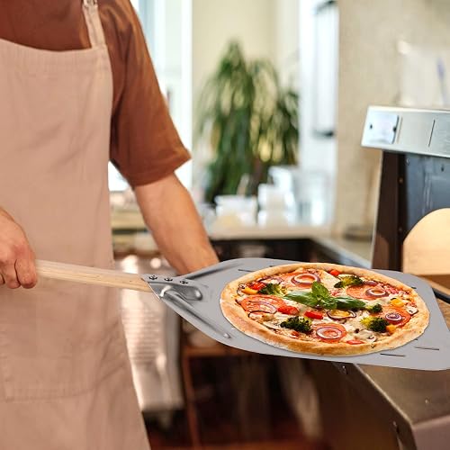 VFANDV Pelle a Pizza, 12 Pouces 40 x 30cm Pelle a Pizza Perforée Inox, Professionnelle Support de Grande Surface avec Longue Poignée en Bois Amovible pour la Cuisson de Pizzas, Pain - 6