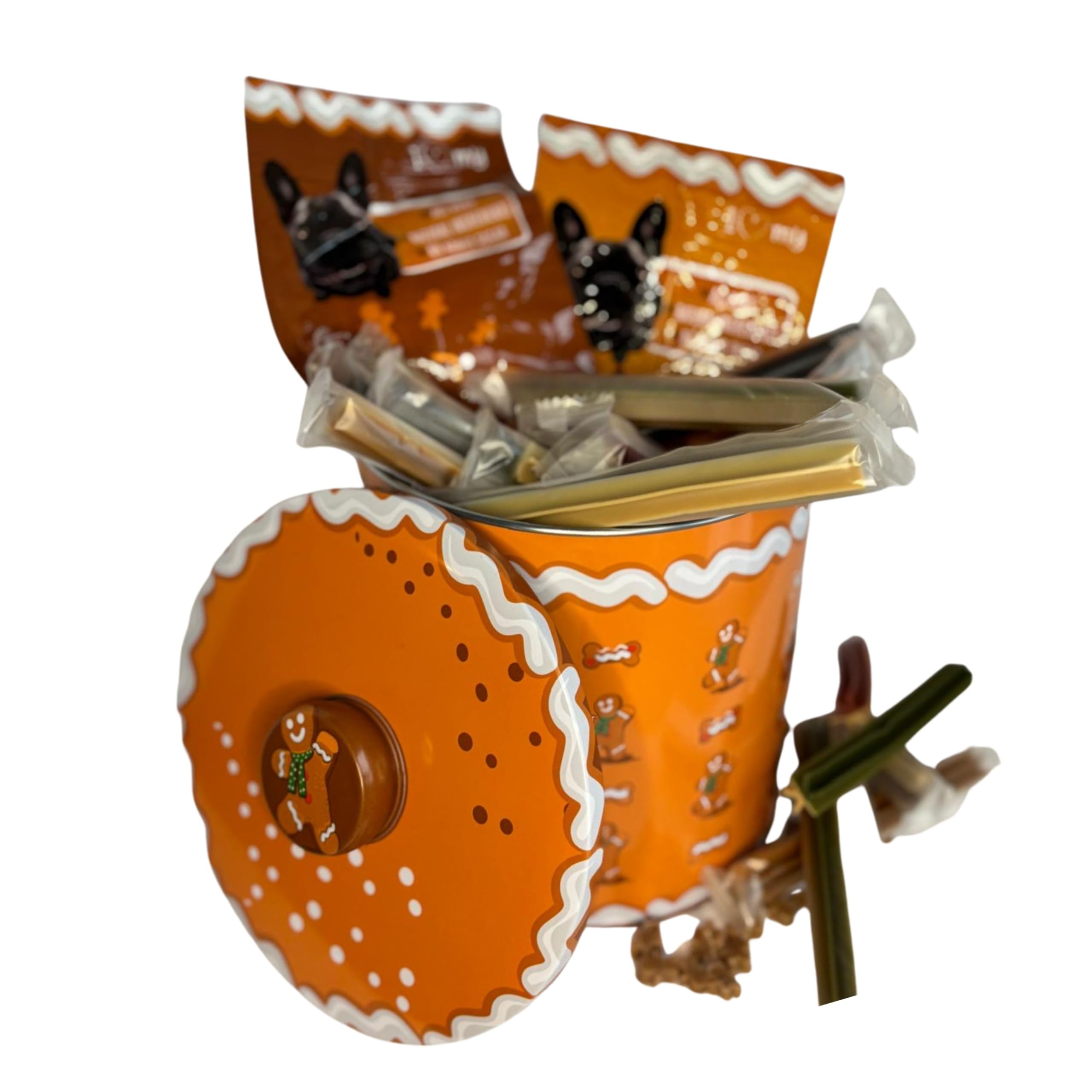 Dog Treats in LIMITED EDITION Festive Gingerbread Storage Tin - Natural Dental Care Gift Set, 28 Dental Sticks with Mint, Peanut Butter, Cranberry, Carob Flavours, 2 Micro Treats, 280g Total