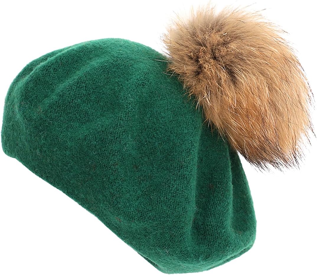 Pompom Berets for Girls Women, Winter Warm Thick Wool Beret Hat, Pumpkin Artist French Hat with Furry Ball