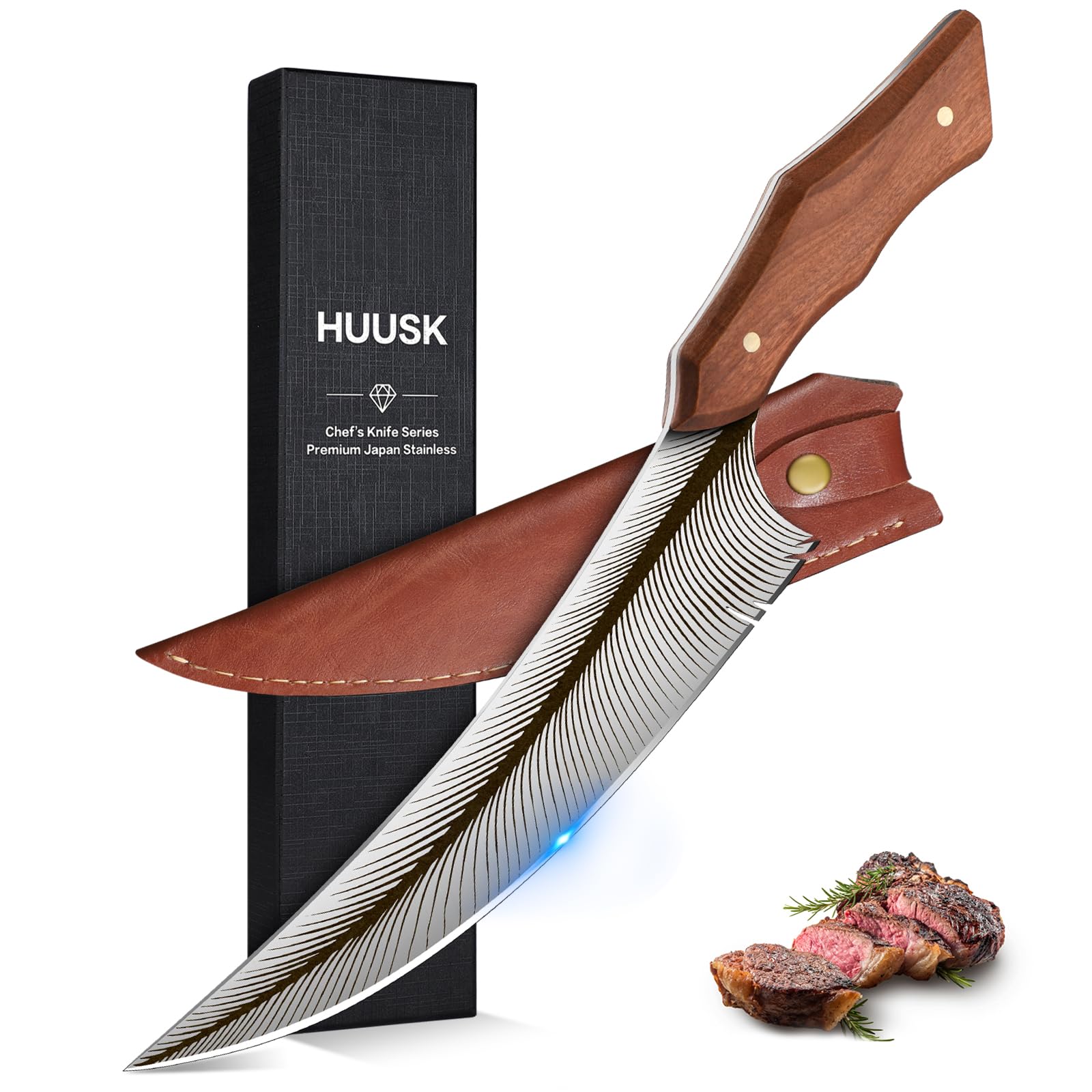 Huusk Japanese 8.7” Feather Knife - Hand Forged Viking Knife with Sheath High Carbon Steel Kitchen Knife Sharp Boning Knife for Meat Cutting, Cooking Knife for Camping BBQ Birthday, Gift for Dad