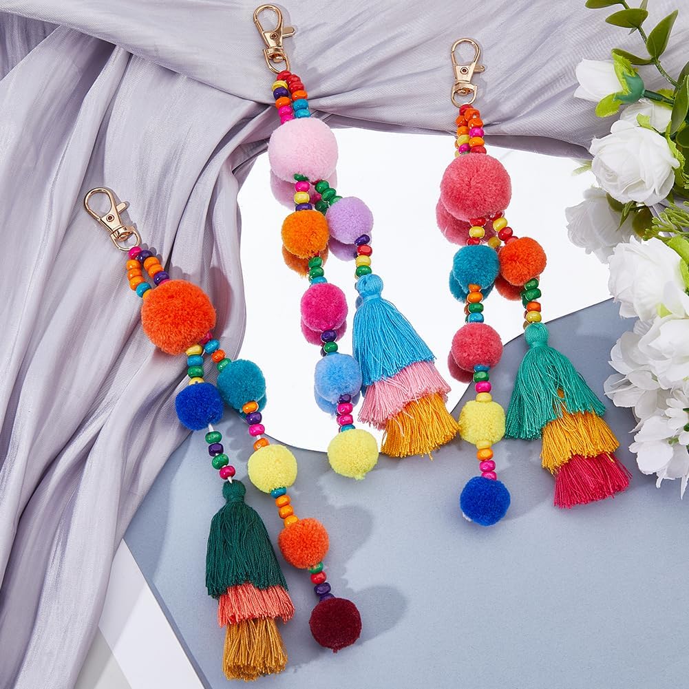 SUPERFINDINGS 3Pcs Colorful Keychains Boho Pom Pom Tassel Bag Decorations Charm Wristlet Bracelet Keyring Cute Pom Pom Tassel Boho Bag Charm Pendant for Women Purse Handbag Decor