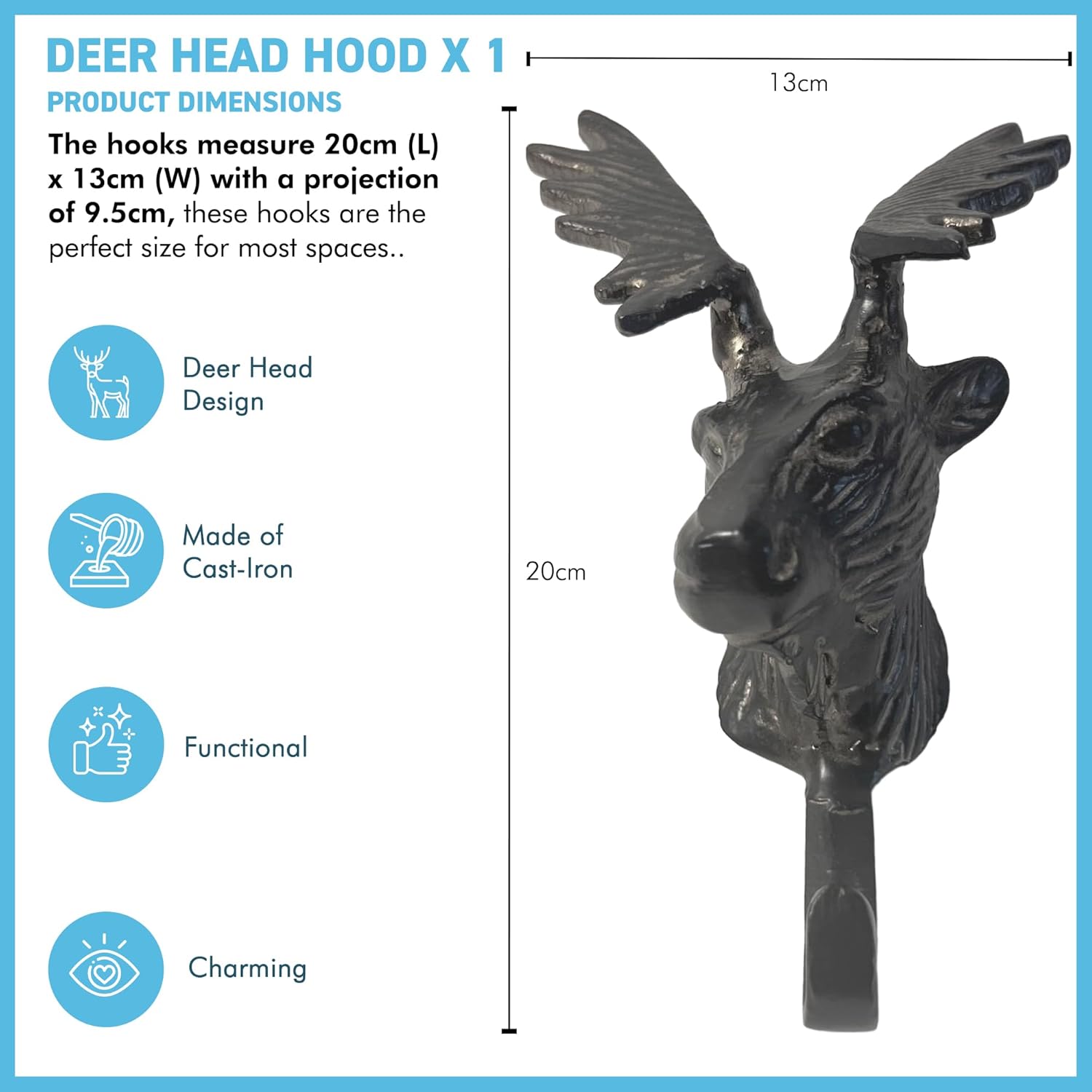 Thorness Durable Wall-Mounted Cast Iron Deer Head Hook Hanger for Hats, Coats, Clothes – Perfect for Kitchen, Bathroom, Bedroom, or Office, Black