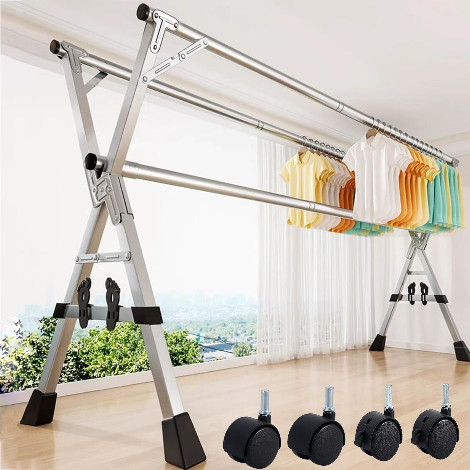 Stendino da Esterno Resistente Grande, Stendibiancheria Allungabile Acciaio Inox, Stendibiancheria Acciaio da Pavimento con Rotelle, per Interno/Esterno,A,240cm