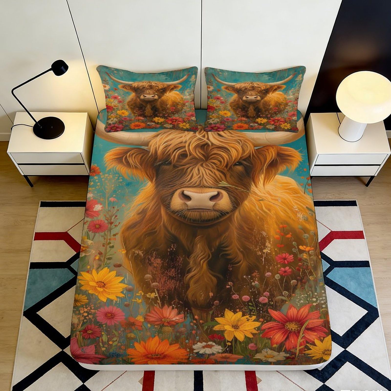 Highland Cow Floral 3D Printed Fitted Sheet Microfiber Deep Pocket Bedroom Bedding Cow Mattress Fitted Cover Non-Slip for Adults Teens 200x200x25cm