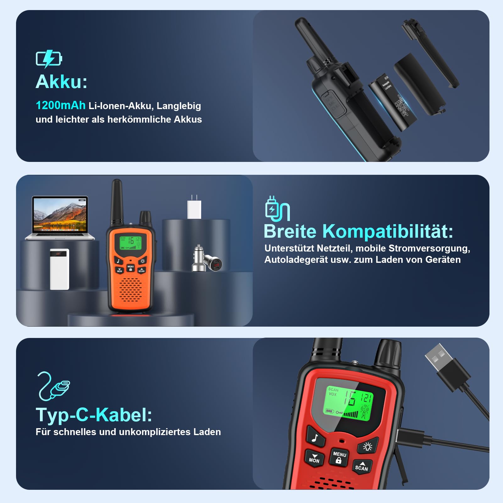 Walkie Talkie 3er Set Kinder Aufladbar, Rabigala Funkgeräte mit 5km großer Reichweite für Erwachsene, Li-ion Akku, VOX Freisprecheinrichtung, Taschenlampe LED, LCD