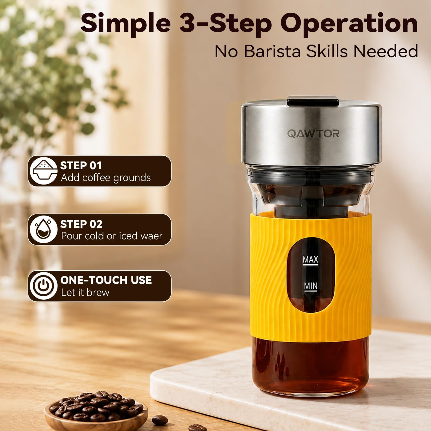 Qawtor Cold Brew Coffee Maker, 15-Minute (27OZ),Y