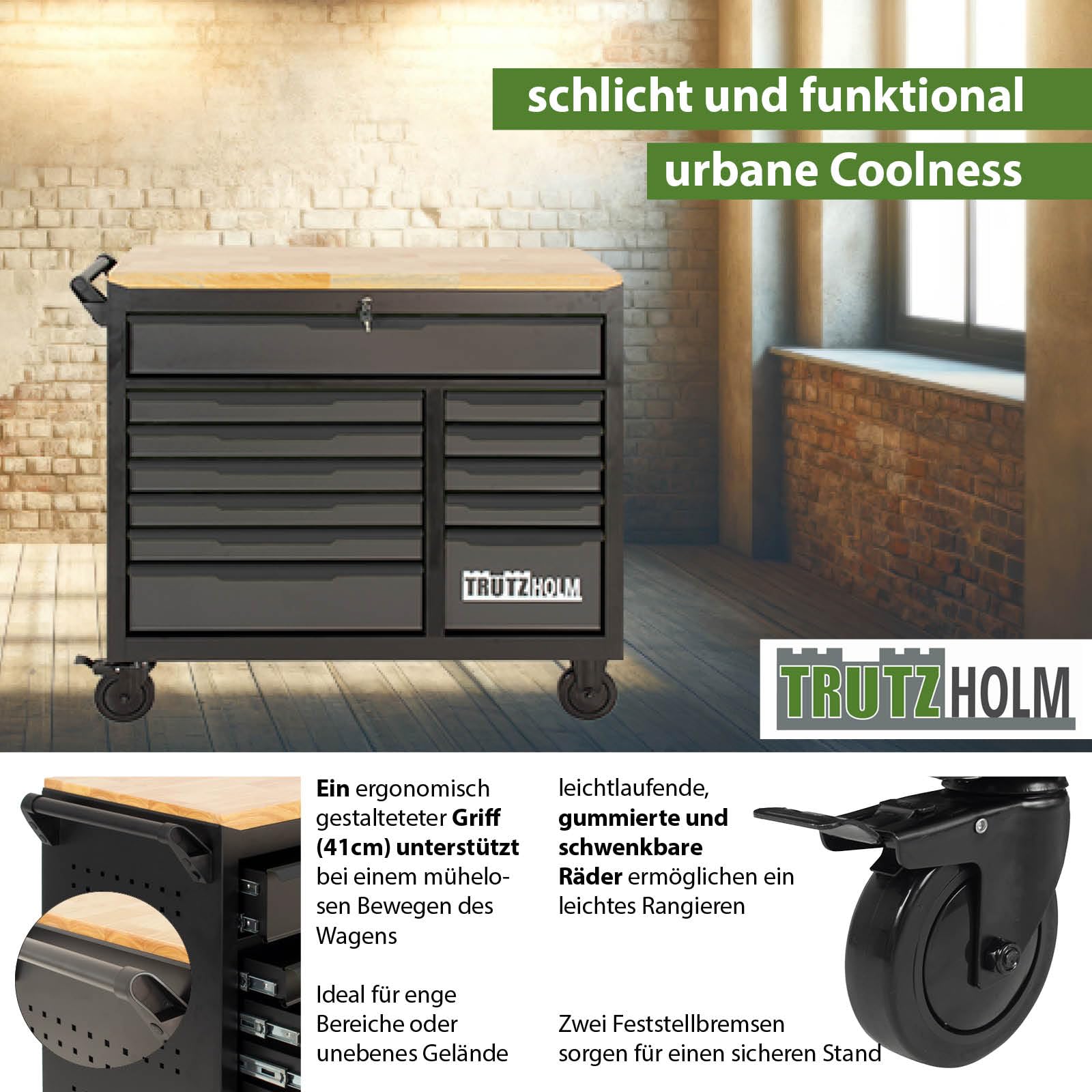 TRUTZHOLM Werkstattwagen Star XL 12 Schubladen unbestück Hartholz-Arbeitsplatte 103 x 112 cm mit Feststellbremsen, abschließbar Werkzeugwagen Anthrazit
