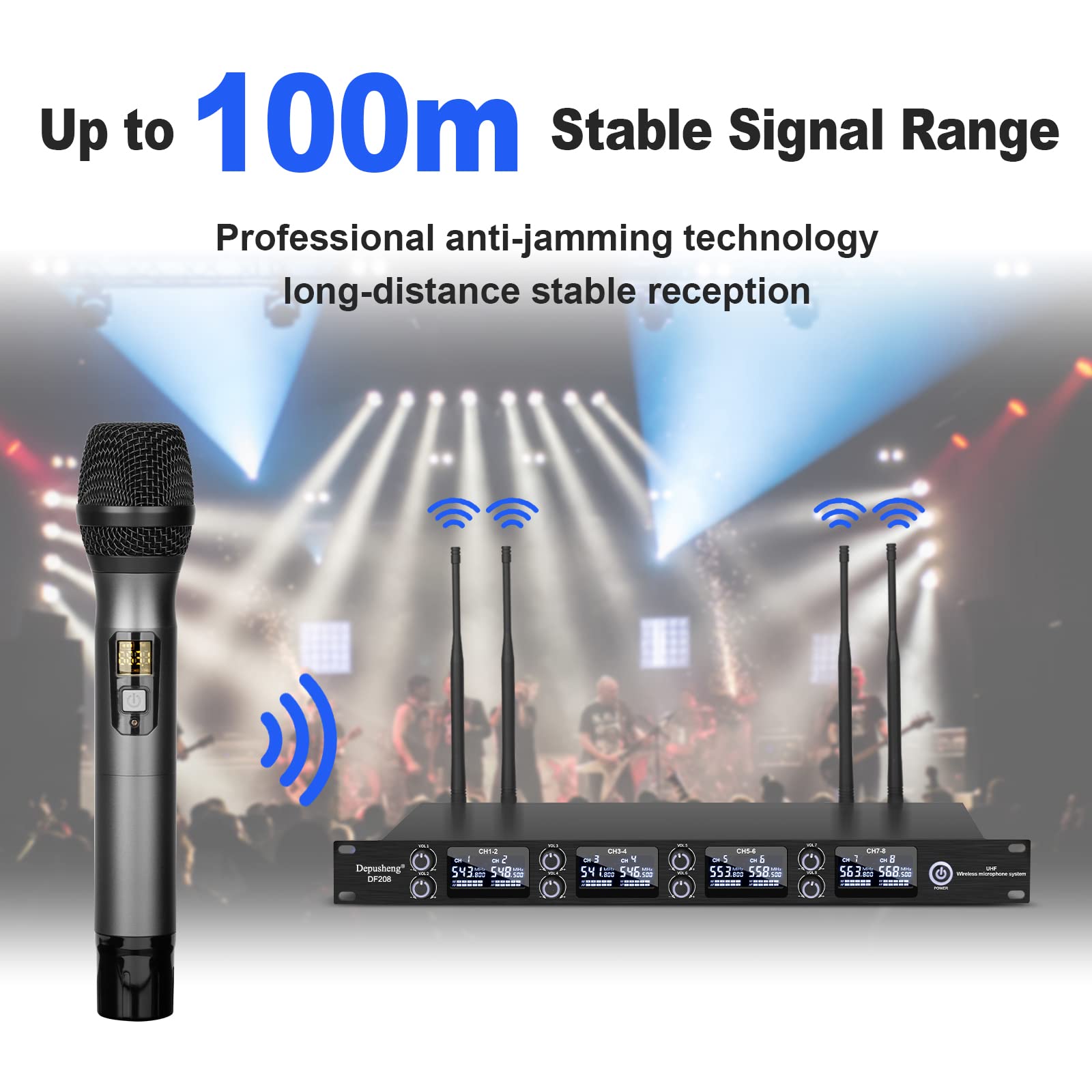 Depusheng DF208 UHF microfoni senza fili, sistema di microfono portatile dinamico professionale a 8 canali, alloggiamento in metallo, adatto per palcoscenico, conferenza