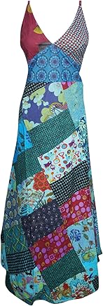 Mogul Interior Women Summer Maxi Dress Boho Multicolor Patchwork Floral Printed Beach Style Long Dresses S/M