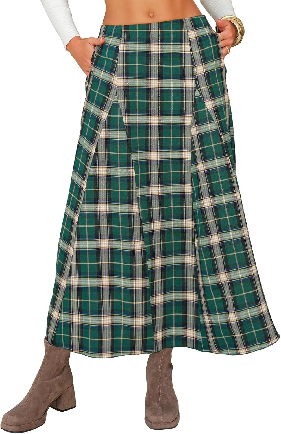 EXLURA Womens Flannel Plaid Long Skirts High Waist A Line Flared Pleated Maxi Skirt Dress Casual Vintage Office with Pockets