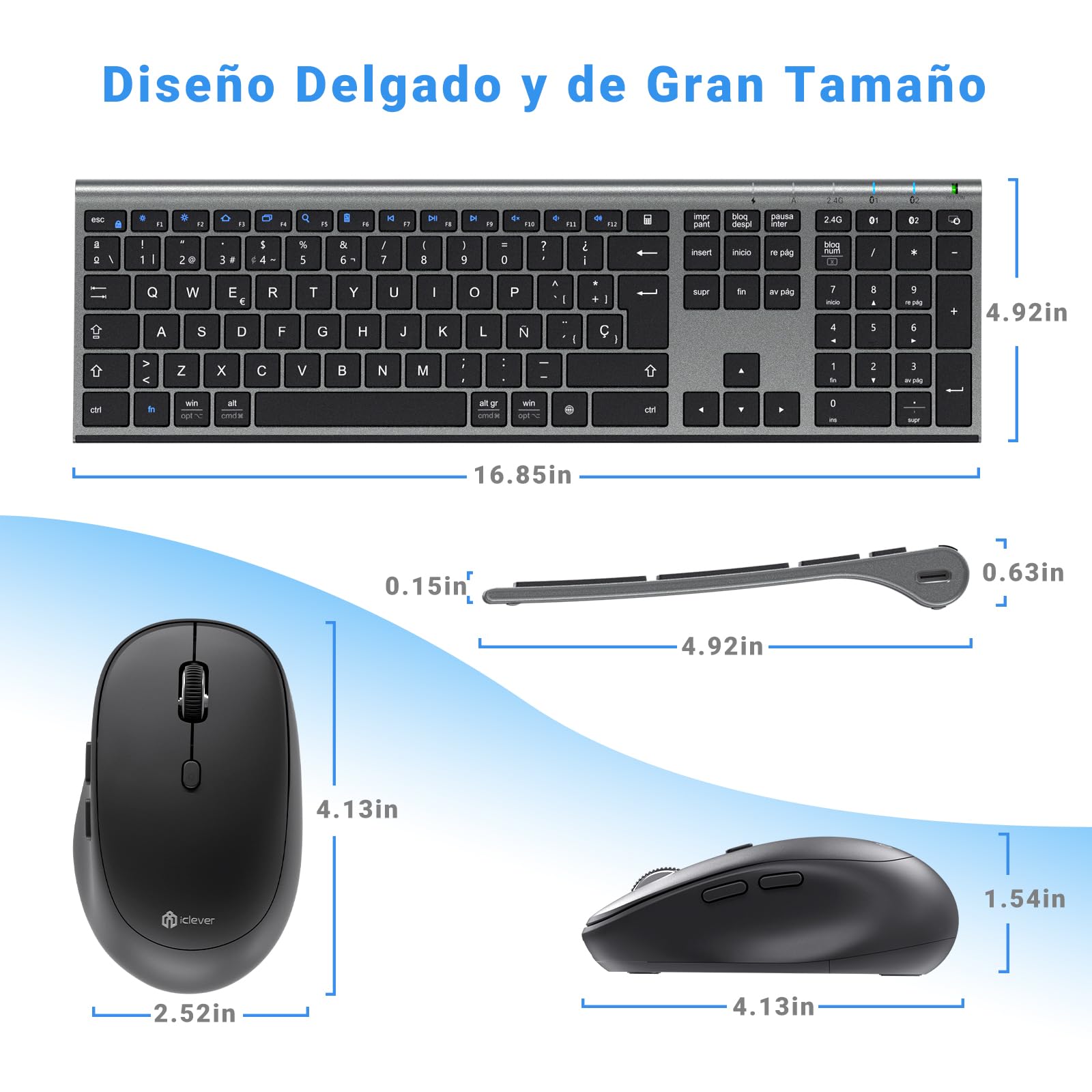 iClever Bluetooth/2.4G Teclado y Ratón DK03-QWERTY Español Teclado Ratón Inalámbrico, Recargable, Multidispositivo, Ergonómico, Tamaño Completo, Delgado para Mac, iPad, Apple, Android, Win