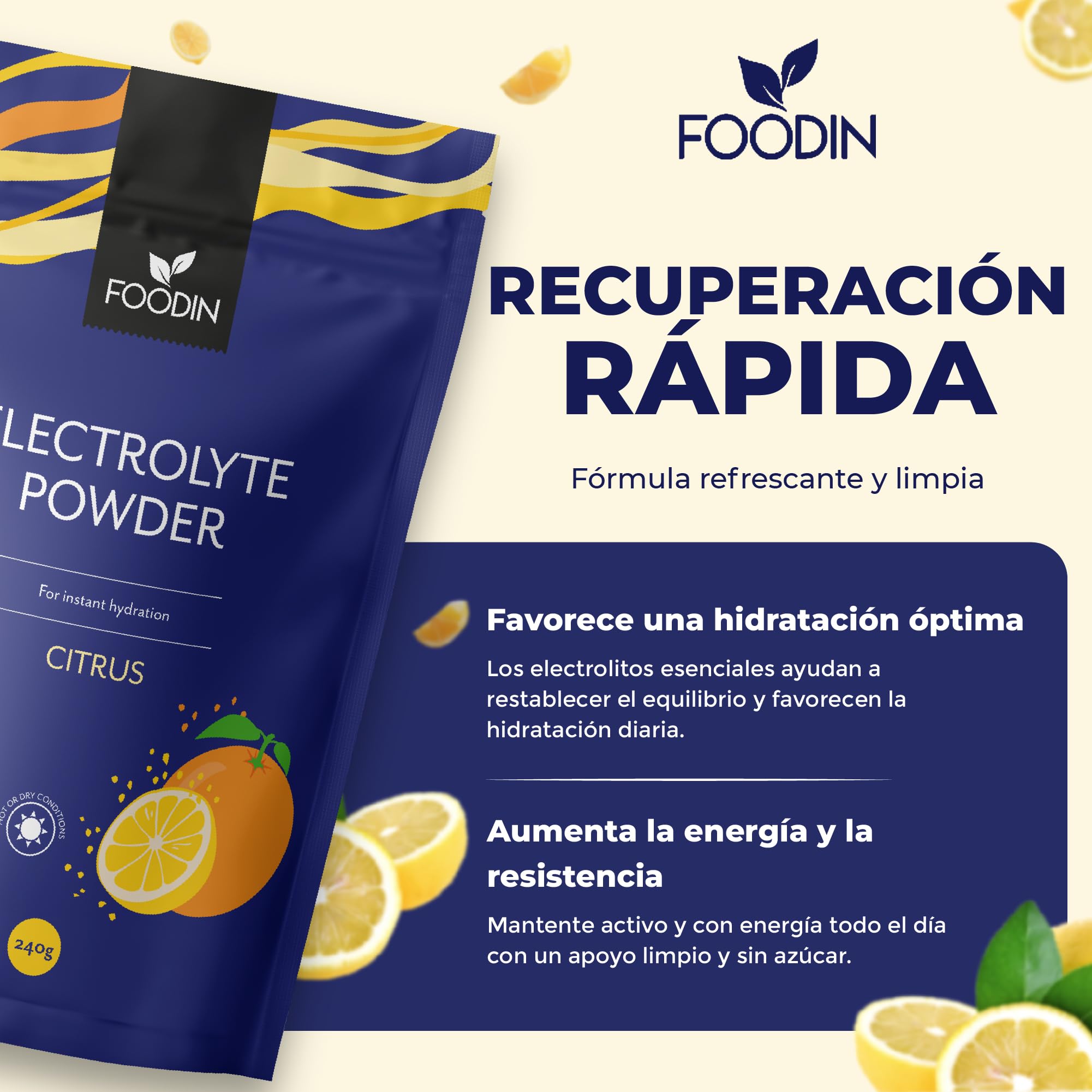 FOODIN Polvo Electrolítico sin azúcar 240 g – bebida isotónica en polvo para hidratación rápida, energía natural, dieta keto y vegana (Citrus)