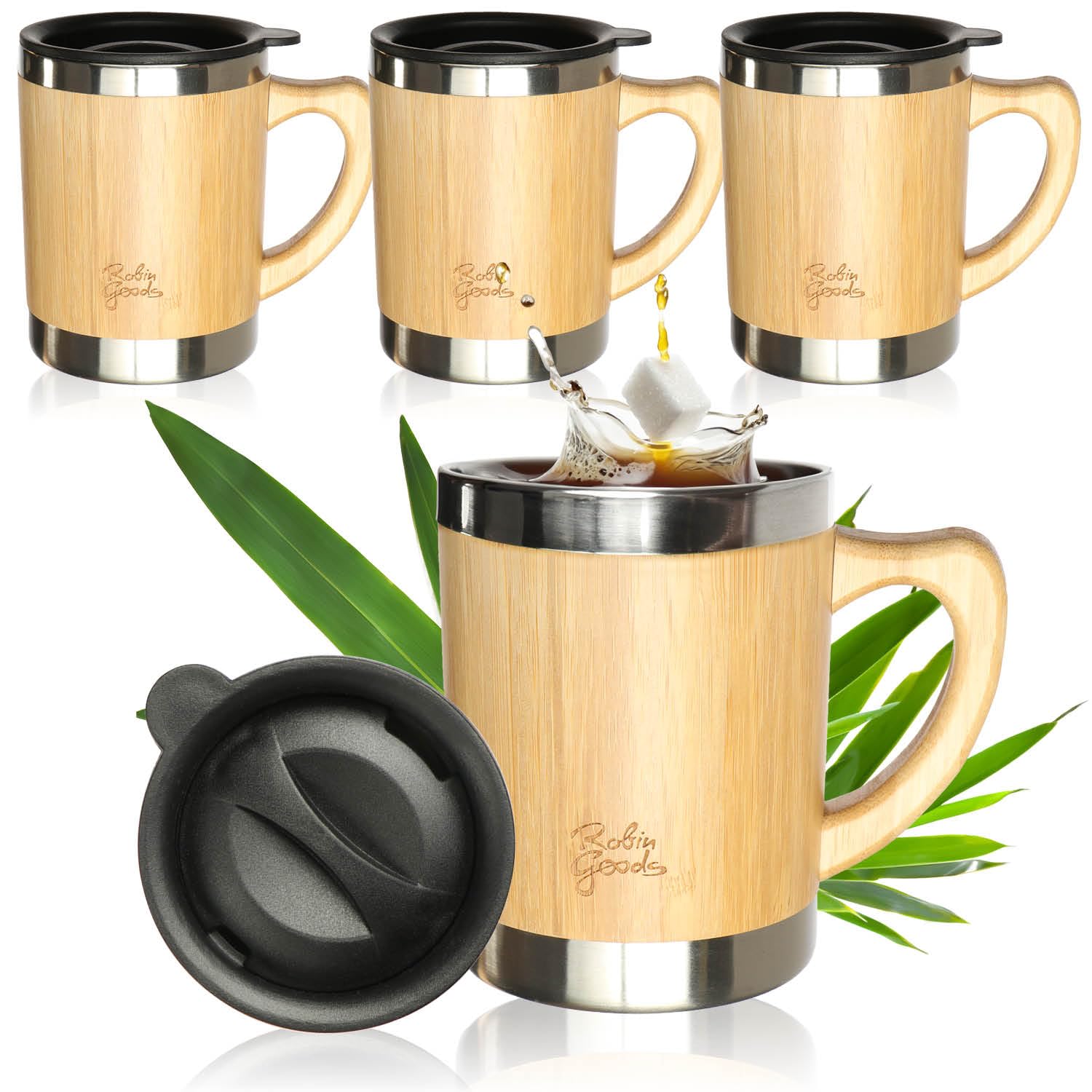 4x Trinkbecher aus Bambus und Edelstahl mit Henkel | To-Go Becher 300 ml - doppelwandige Campingtasse mit Kunststoff-Deckel - bruchsicher und BPA-frei