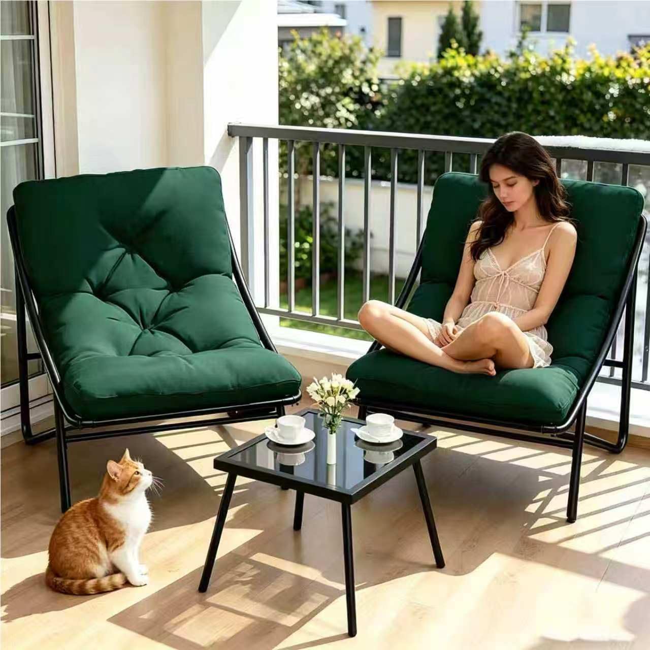 Balkonmöbel Set 3 teilig, Terrassenmöbel 2 Stühle mit Sitzkissen und Tisch, Gartentisch mit Stühlen, Balcony Furniture, Balkonmöbel Set für Kleinen Balkon, für Terrasse, Balkon (Grün, 90 x 69 x 80CM)
