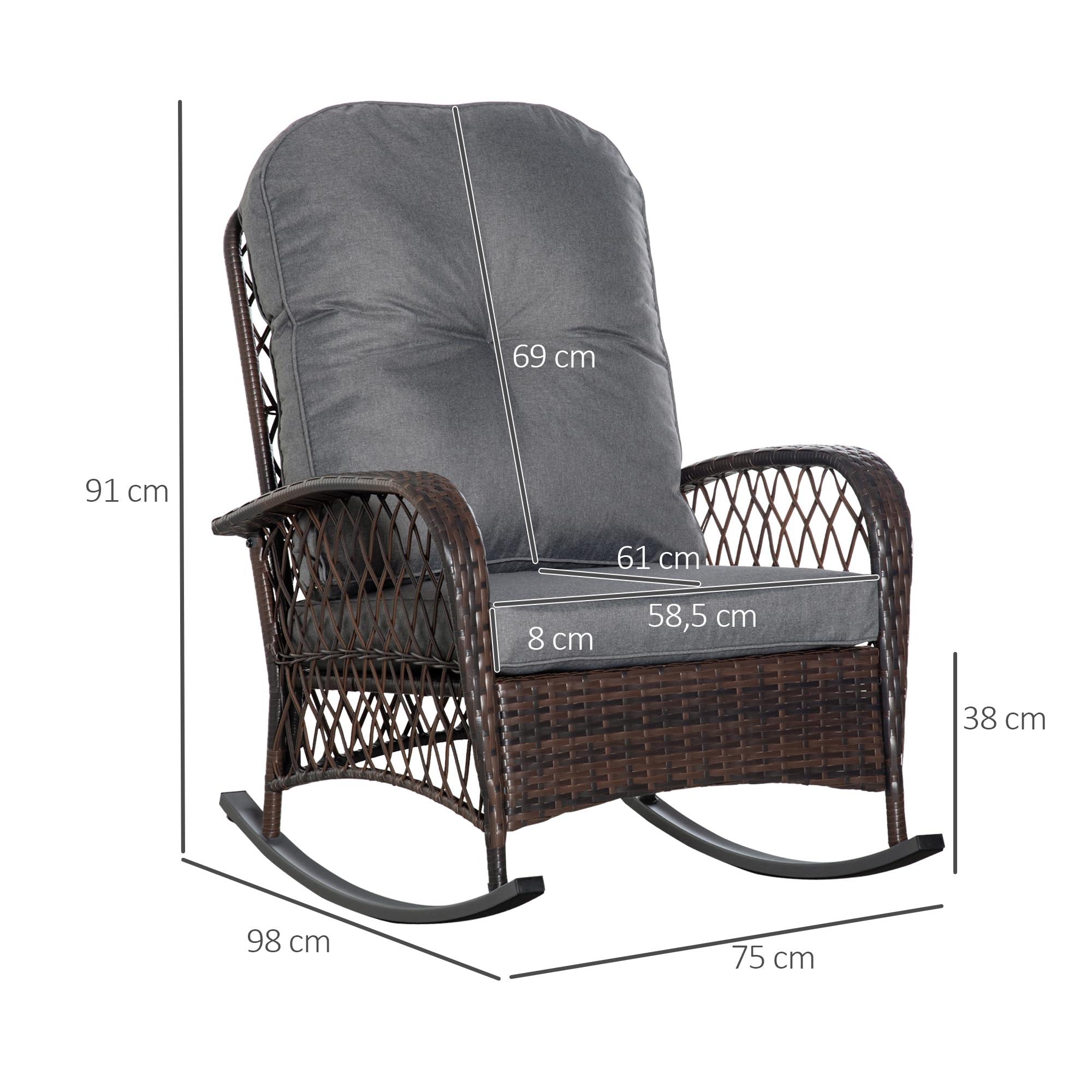 Outsunny Poly Rattan Schaukelstuhl Schaukelsessel Gartenstuhl mit Kissen Loungemöbel Gartenmöbel Terrassenmöbel Braun 75 x 98 x 91 cm