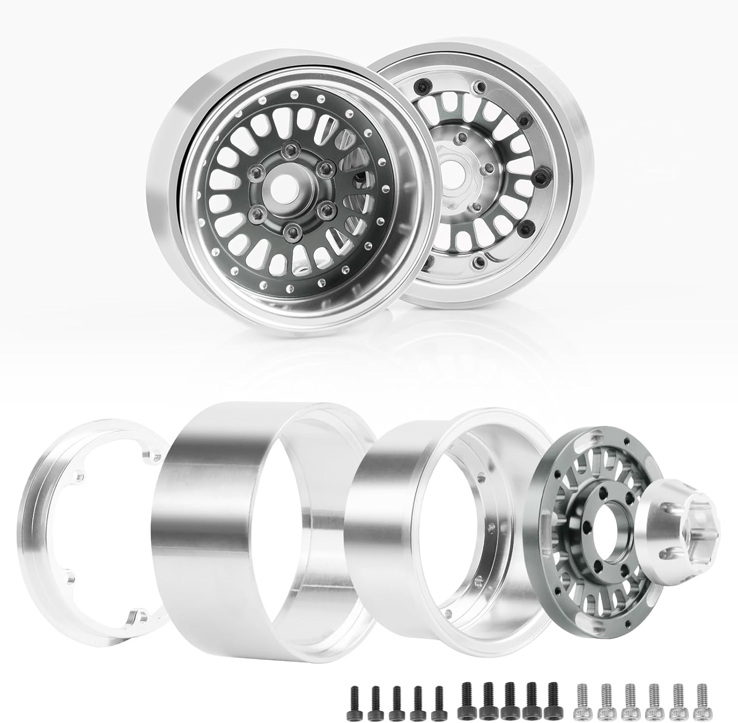 1.9 Beadlock Wheel Rim, Aluminum Negative Offset 10.5mm 164g Super Heavy Deep Dish Wheels for 1/10 RC Crawler SCX10 TRX4 TRX6 VS4-10 GEN7 GEN8 Upgrade Parts, 4PCS (Grey Titanium)