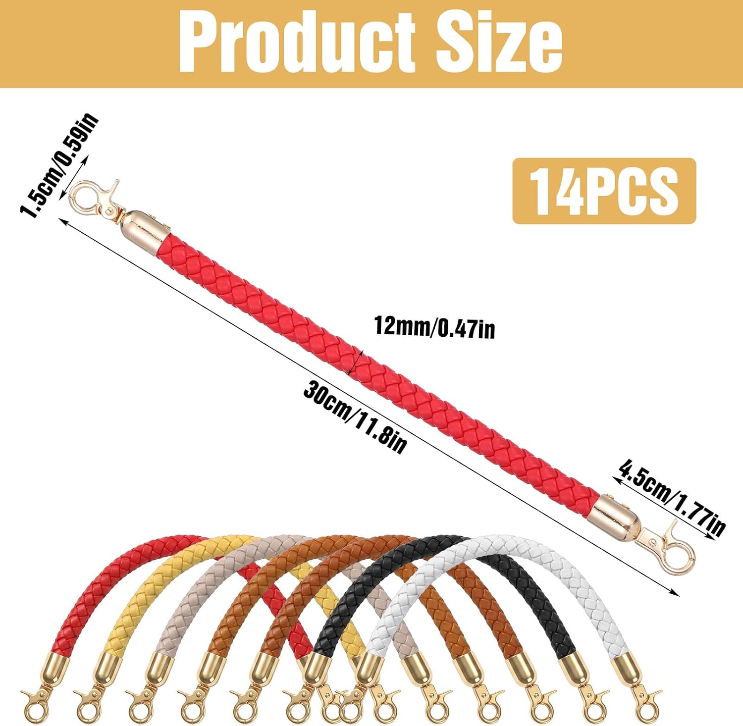 14pcs 7 Colors 11.8" Braided Bag Purse Handles, Short PU Leather Purse Straps for Handbags, Woven Replacement Handles with Swivel Hooks for Totes, Clutches, DIY Accessories