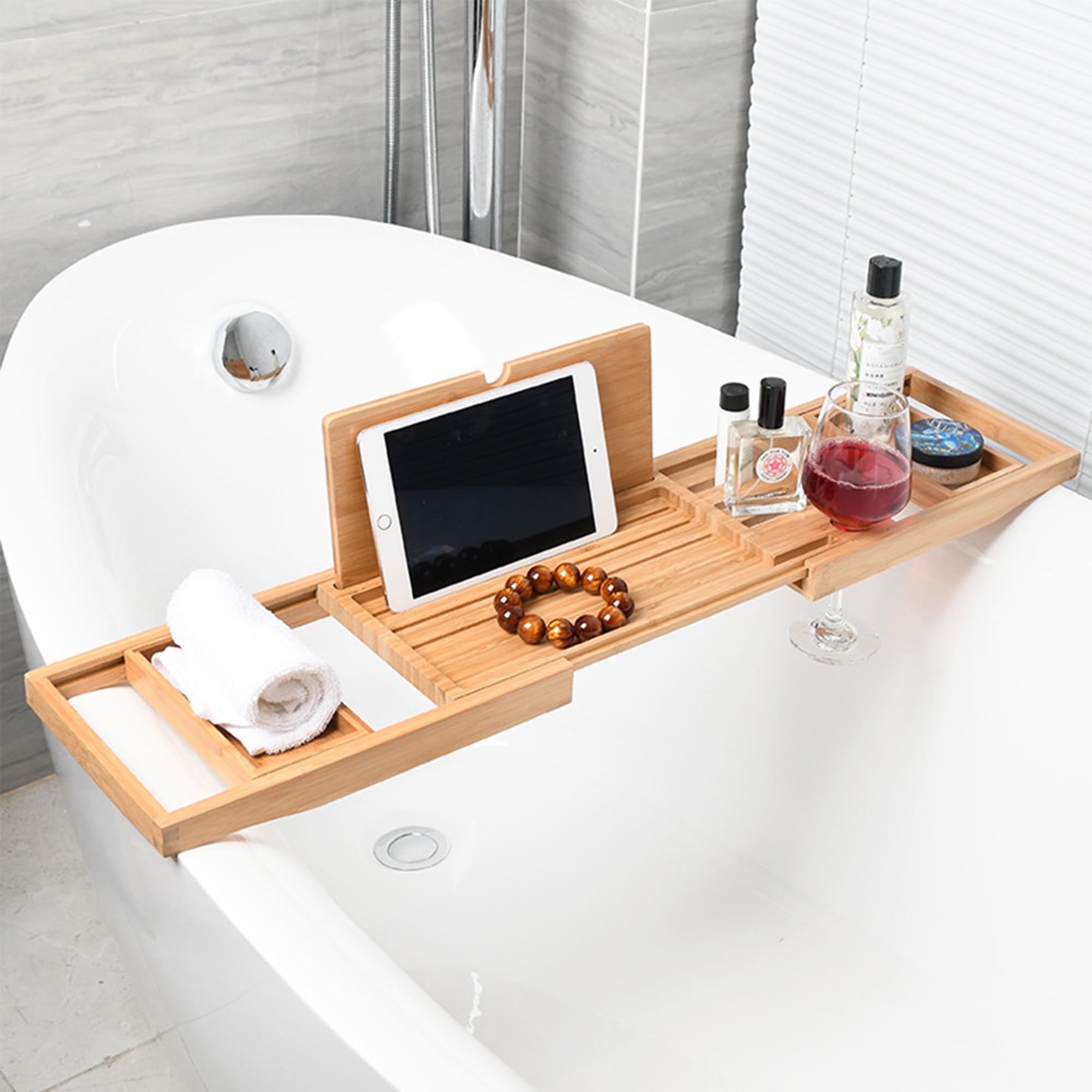 Bandejas de Baño, Bandeja para Bañera Extensible, Bandeja de Bambú para Bañera, Bandeja de Bañera de Madera con Ranura para Copas de Vino, Rejilla para Tableta y Bandeja de Bambú Extraíble