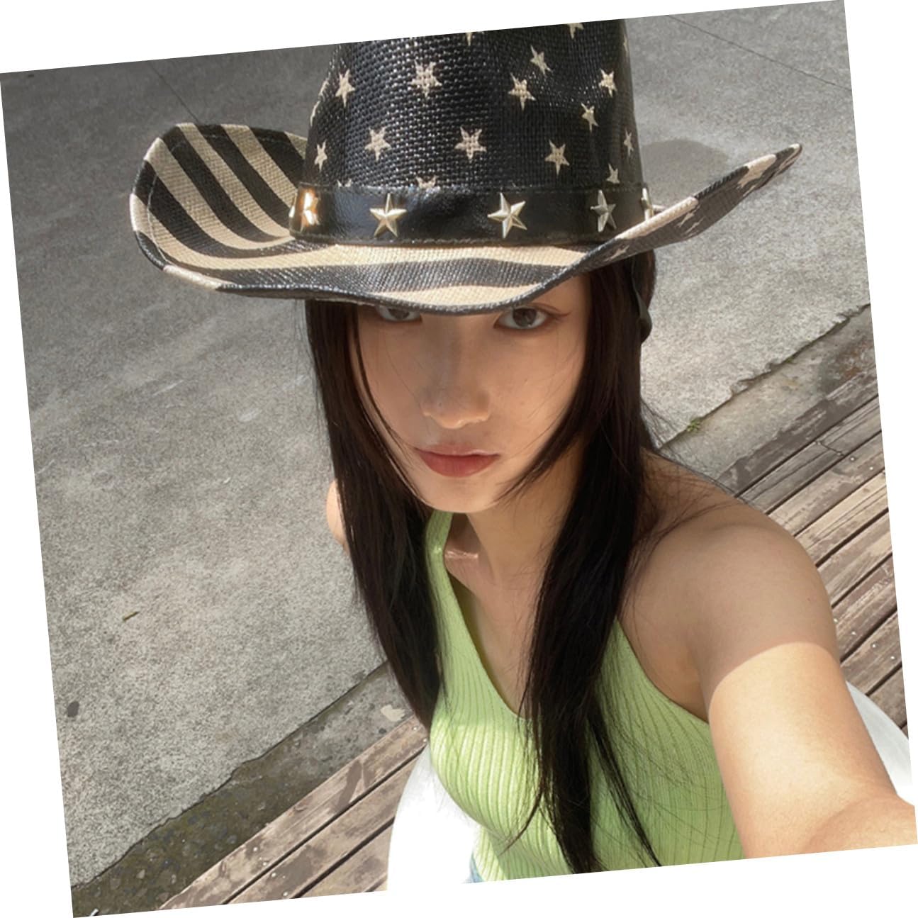 Vintage American Flag Cowboy Hat Unisex Outdoor Sunshade Black Straw Summer Festival Cap