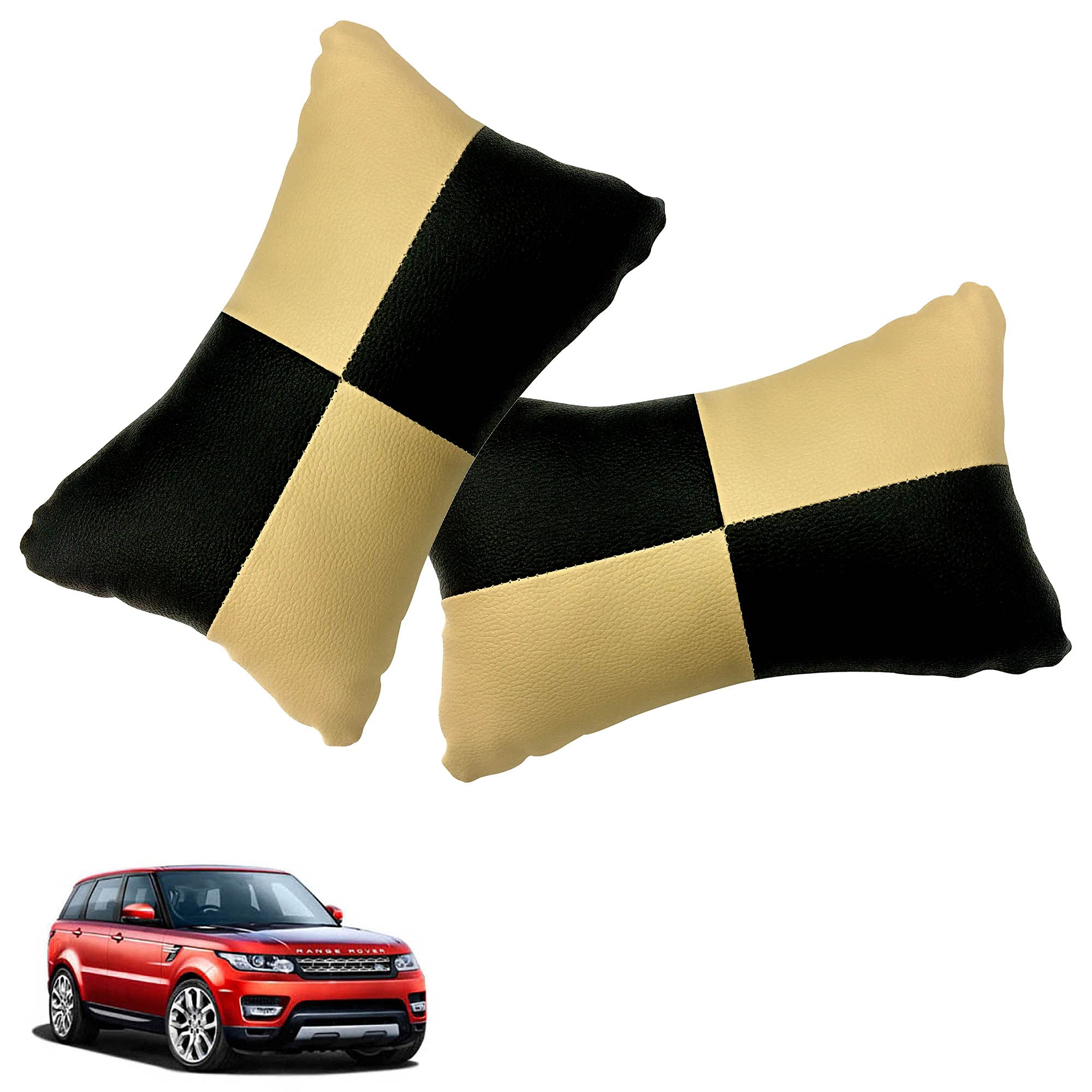 NikrokZ Car Neck Rest Check Design Beige Pillow/Cushion (Set of 2) for Discovery Sport_PR1054