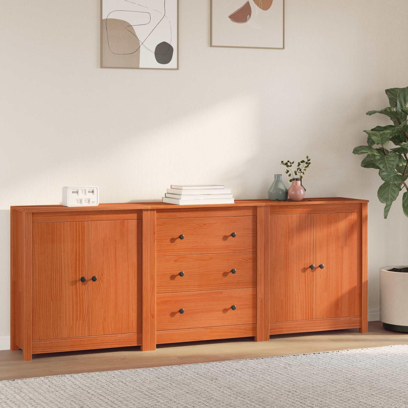 Set di 3 credenze in legno massello di pino marrone cerato, 210 cm