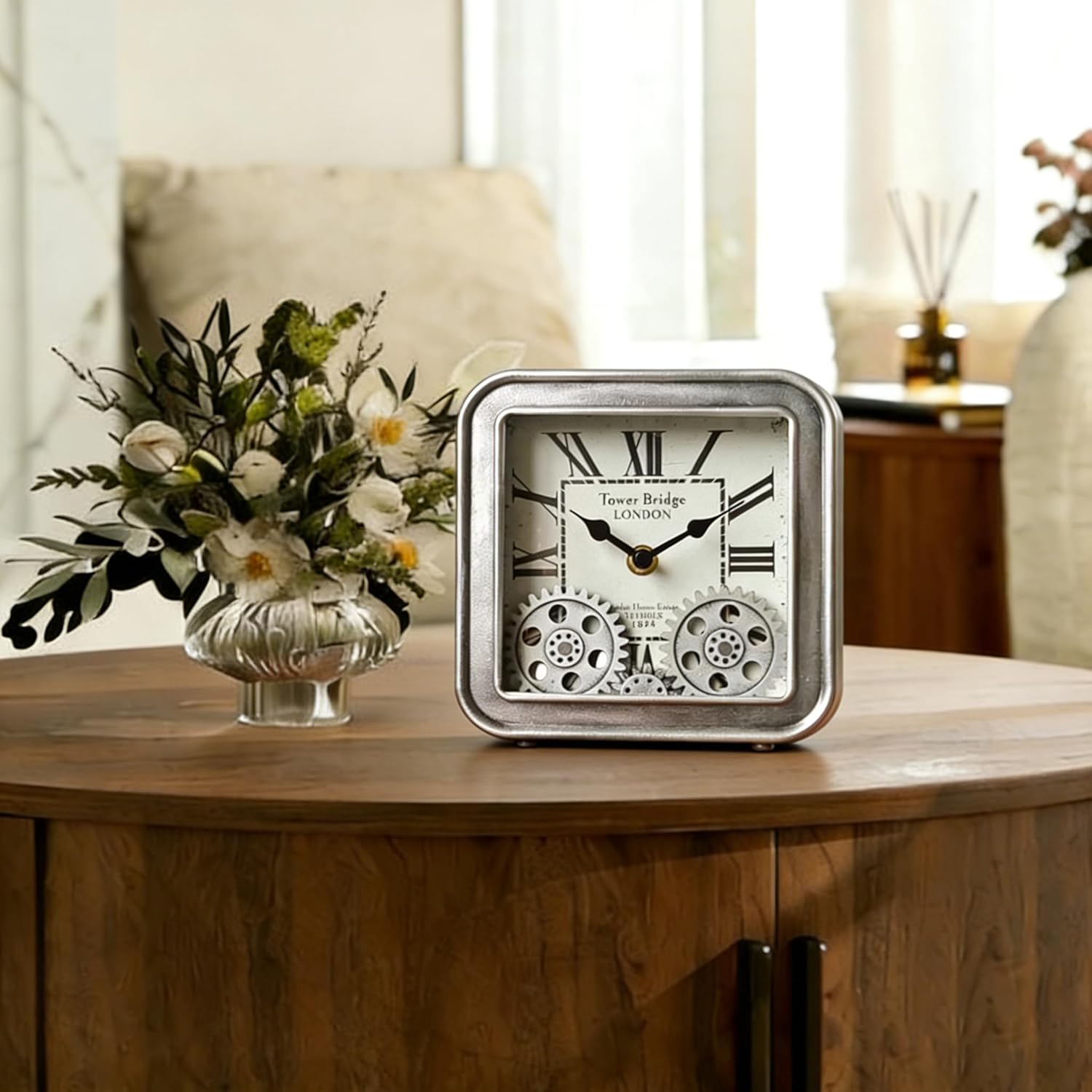 Steampunk Desk Clock with Moving Gears 6 Inch Vintage Metal Table Clock, Silent Non-Ticking Quartz, Battery Operated Industrial Decor for Home Office Shelf Living Room Mantel(Silver)