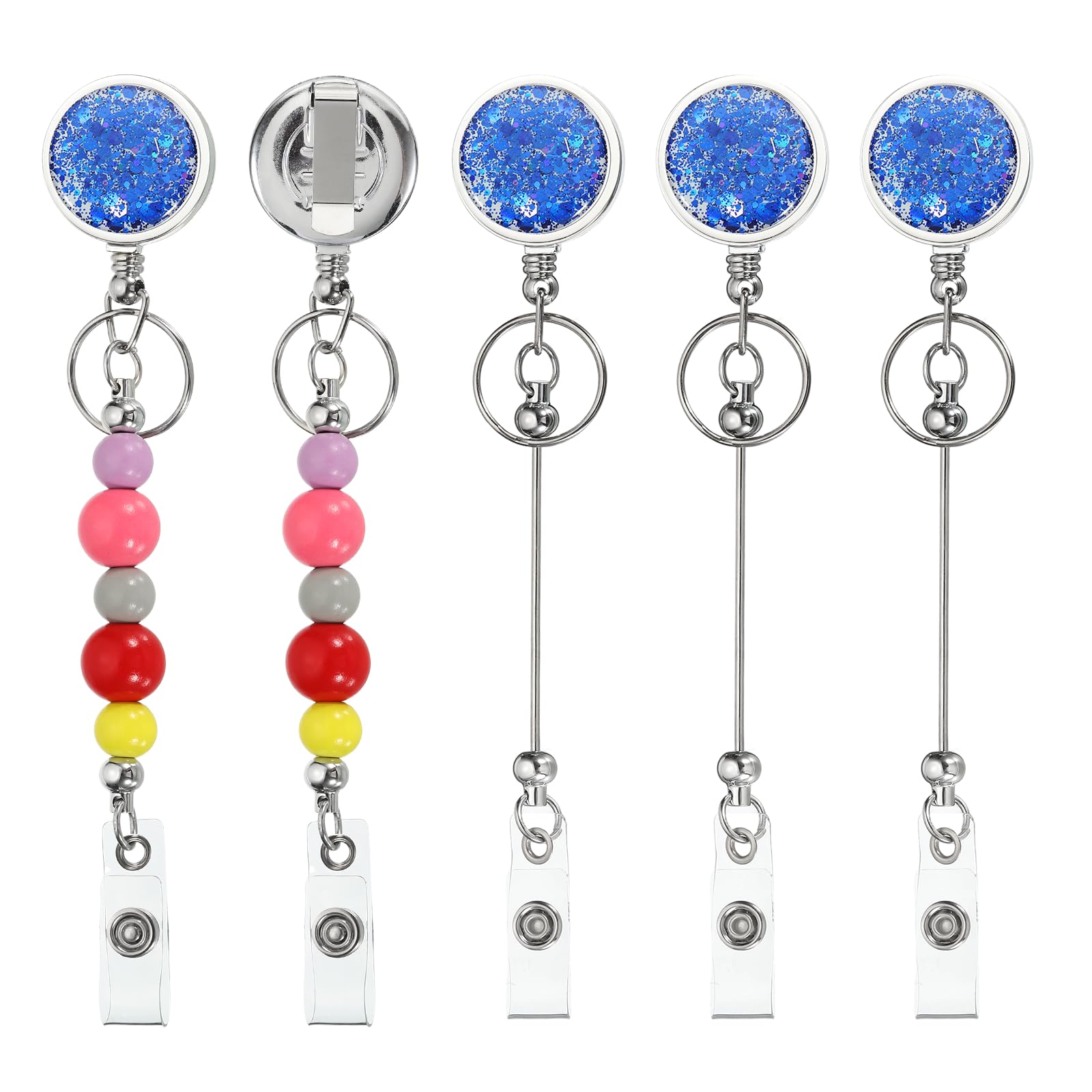 PATIKIL Beadable Badge Reels, 5 Pcs Bead Retractable Badge Holder, Retractable Bead Reel Keychain Blank Bar with Belt Clip for ID Name Key Teachers Office Workers DIY Gift, Dark Blue