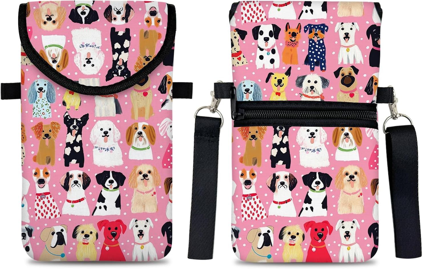 Neoprene Cell Phone Sleeve Pouch Case Bag with Crossbody Strap Neck Lanyard for Women 7.5 X 4.3 in Pink Dog