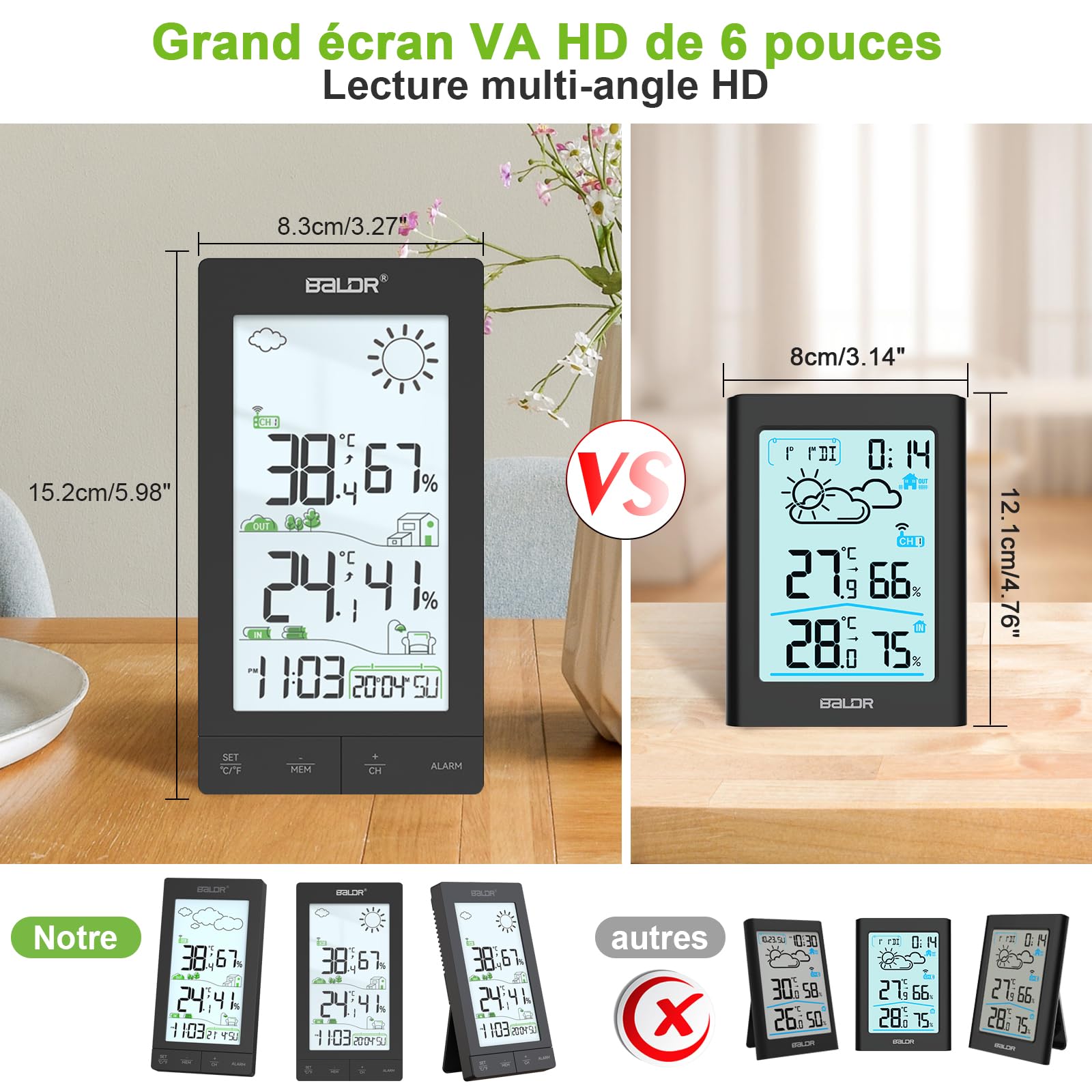 Station Météo Sans Fil Écran LCD 6,0' Capteur Extérieur Thermomètre Hygromètre Prévisions Réveil Noir