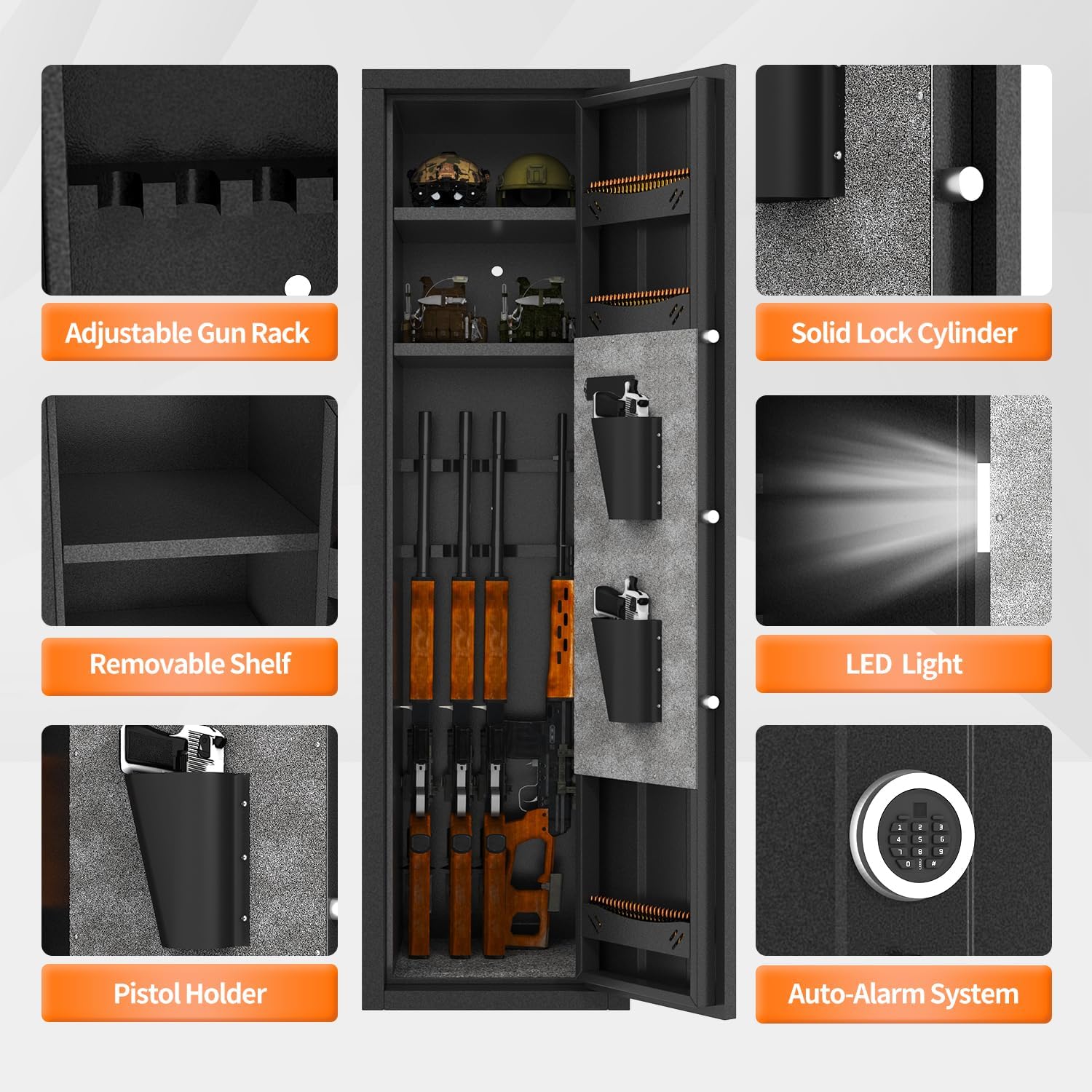 8-12 Gun Safe for Rifles and Pistols,No Assembly Required Gun Cabinet, Digital Keypad Large Gun Safe, Rifles Safe for Home with Removable Shelves (Single Door)