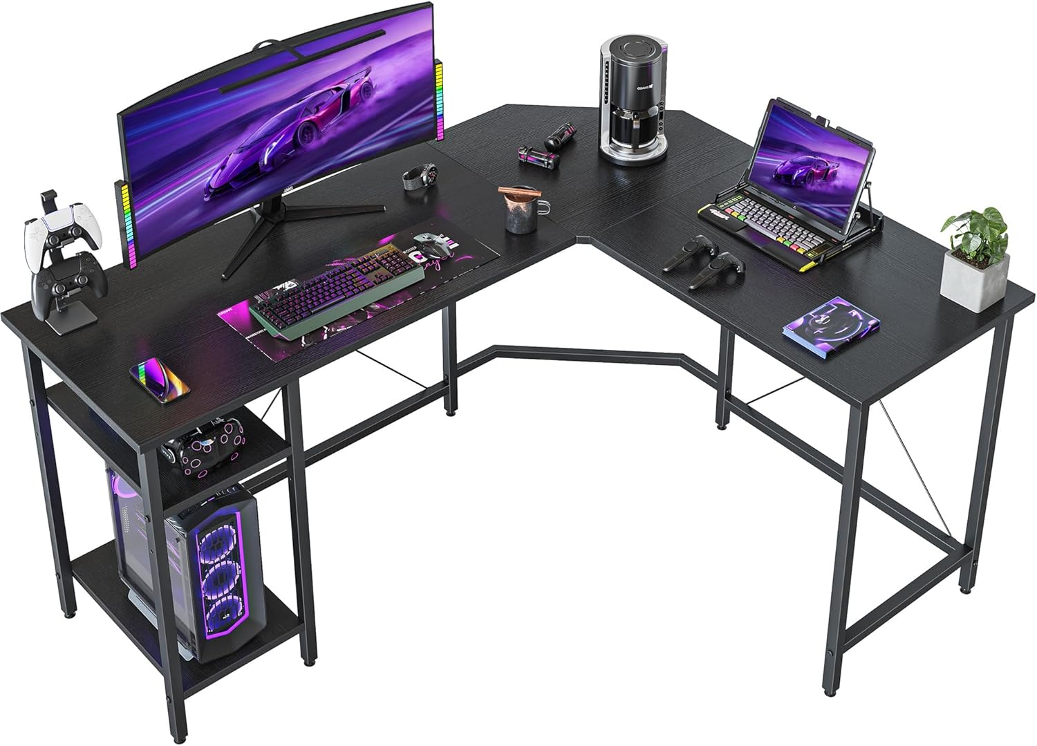 CubiCubi L Shaped Desk, 59.1 Inch Reversible Corner Desk with Storage Shelves, Home Office Desk for Writing Gaming Study, Modern Black