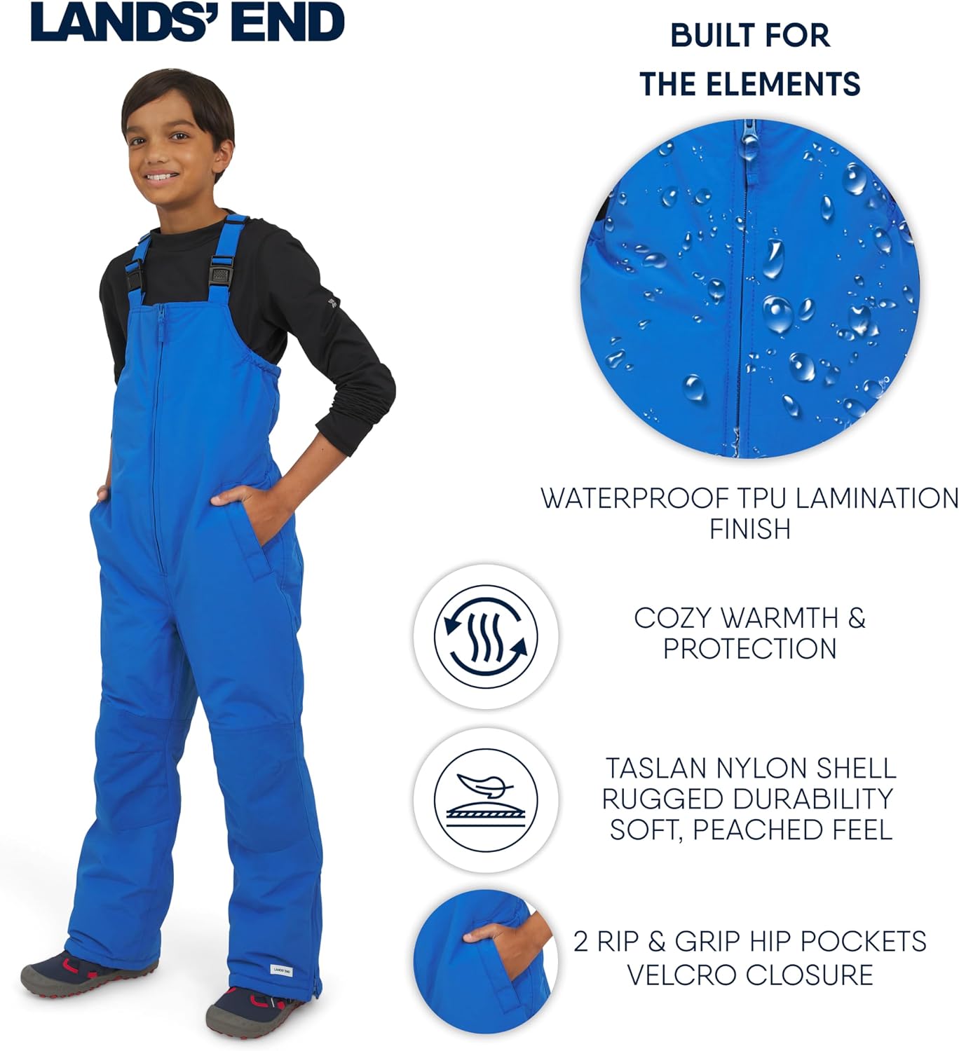 Lands' End Unisex Kids Squall Waterproof Adjustable Insulated Iron Knee Snow Bib Overalls