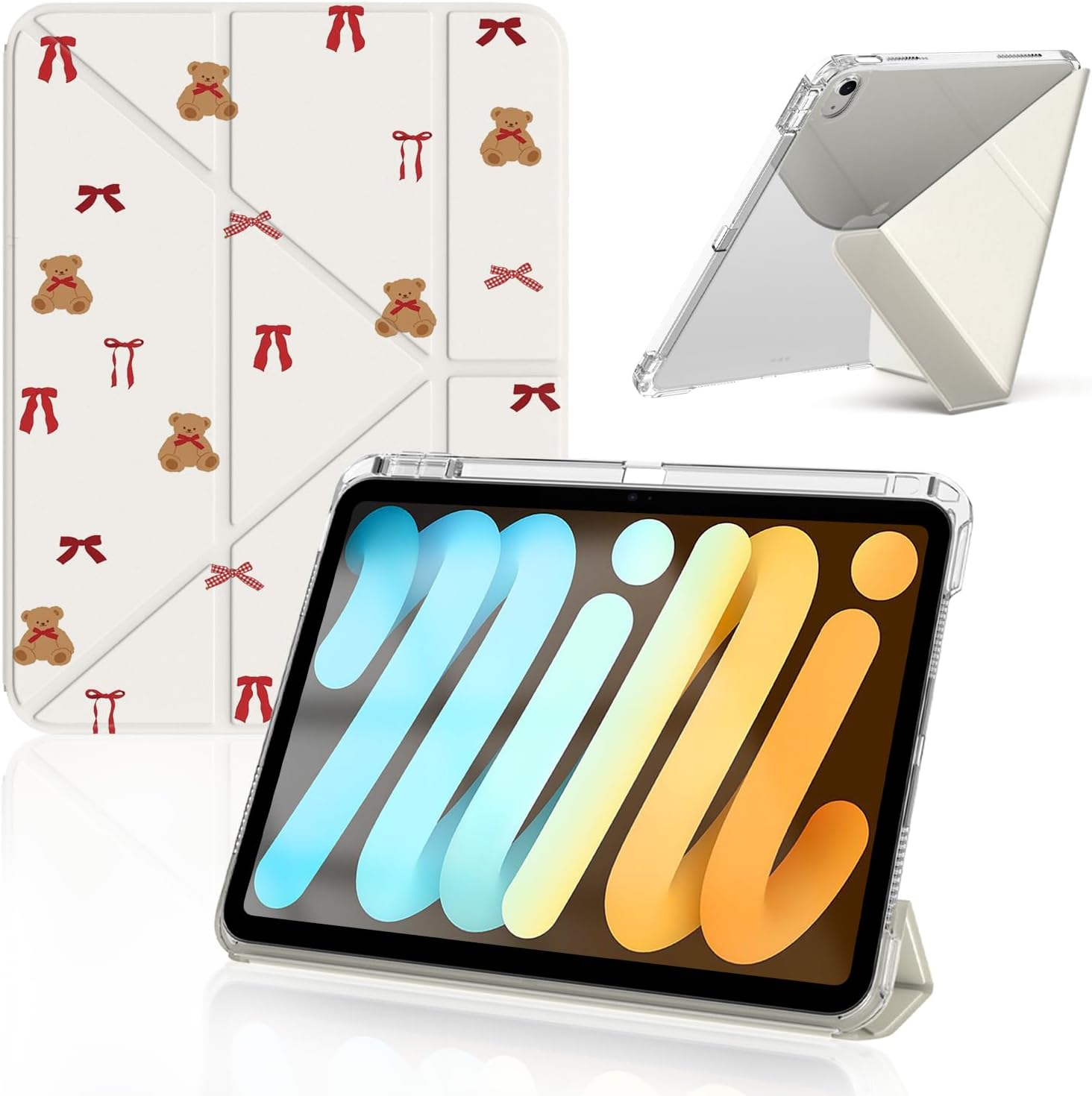 Idocolors Cute Case for iPad (A16) 11th Gen 2025 11-inch/10th Gen 2022 10.9 inch 2022, Clear Acrylic Back Case with Pencil Holder, Detachable Mutil Angles Folding Y-Shaped Stand Cover, Bear-Red Bow