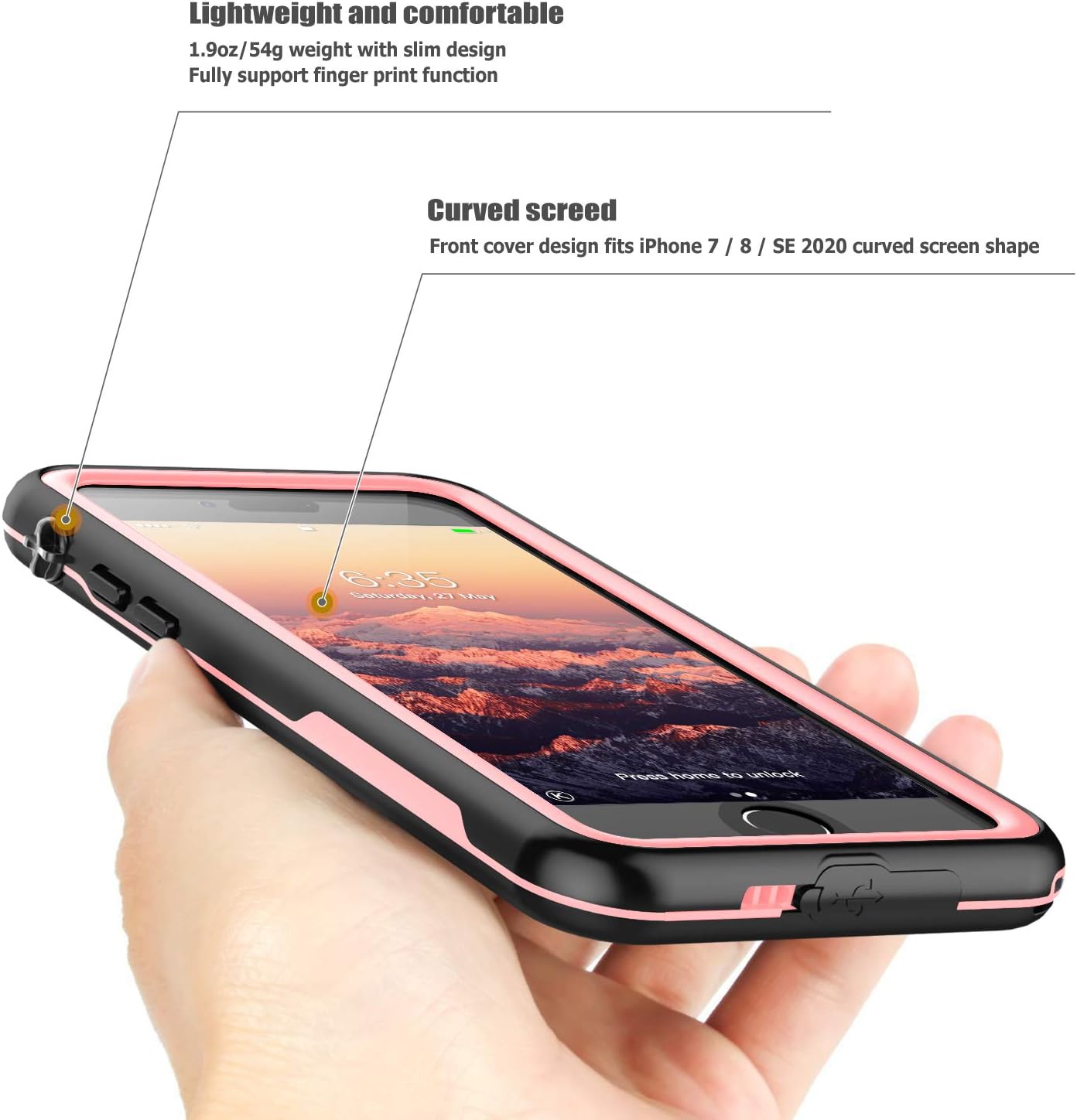 SPIDERCASE for iPhone SE 2022 Case, iPhone SE 2020/8/7 Waterproof Case, Built-in Screen Protector Full Protective Shockproof Dirtproof Snowproof Case for iPhone SE 2022/2020/8/7, 4.7 “(Pink+Clear)