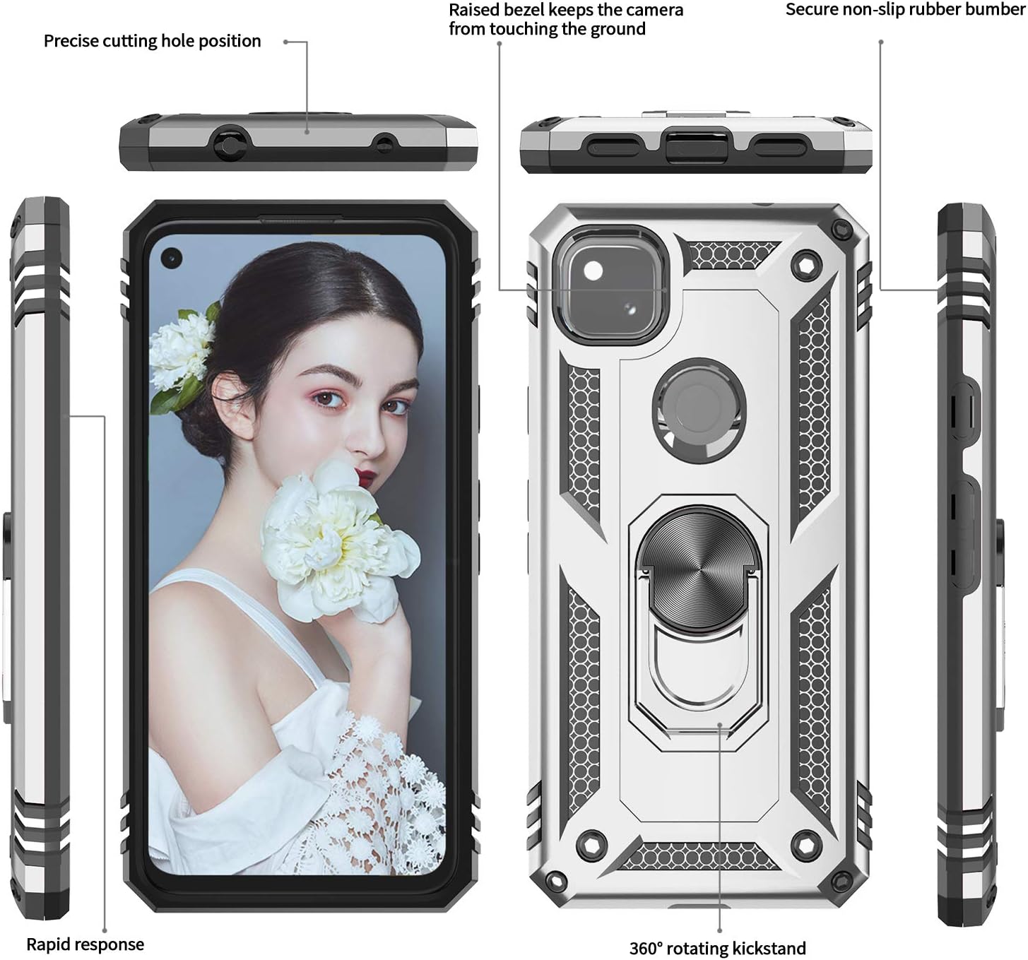 Google Pixel 4A Case (Not Fit Pixel 4A 5G) with 2PCS Tempered Glass Screen Protector, LeYi [Military-Grade] Defender Protective Phone Case with Ring Kickstand for Google Pixel 4A 2020, Silver