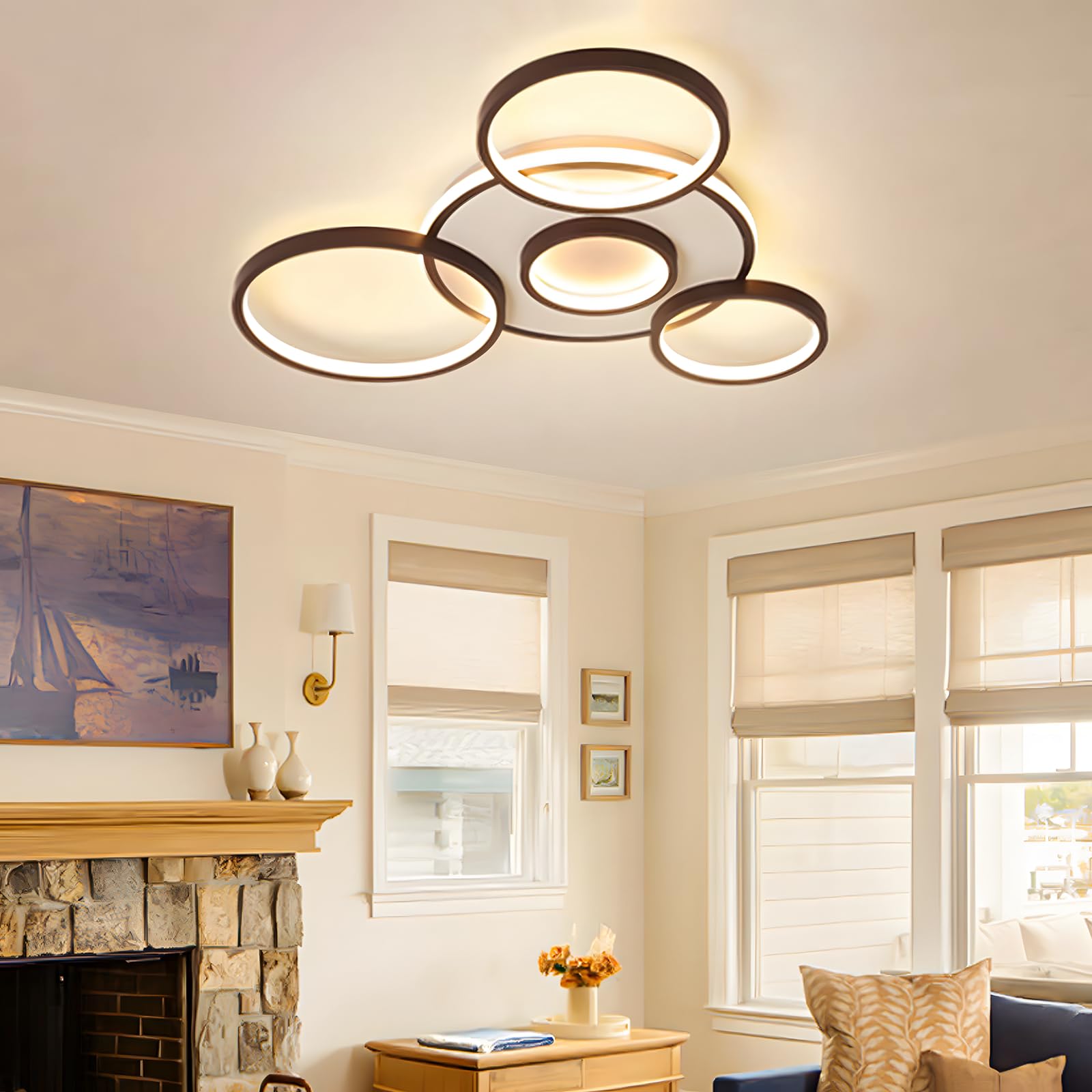 LED Plafoniera Moderna, Ø70cm Lampada Multi Cerchio Nera, 58W Dimmerabile Continuo 3000-6000K, Lampadario Rotondo In Metallo + Acrilico, Camera Letto Soggiorno Bambini Ufficio Studio(5 Anelli)