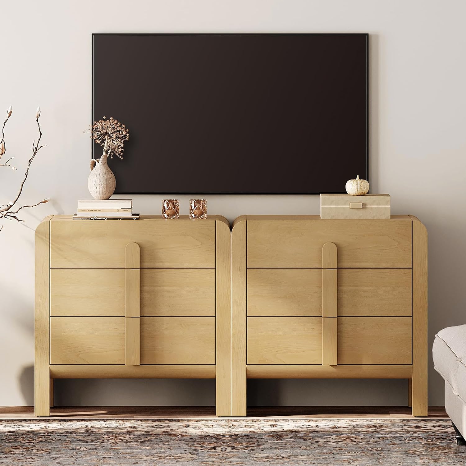 WAMPAT Modern TV Stand Cabinets for 75 + Inches TVs, 2-in-1 Wood Entertainment Center with 6 Storage Drawers, 63" W Dresser TV Stand Media Console Table with Storage for Living Room,Oak