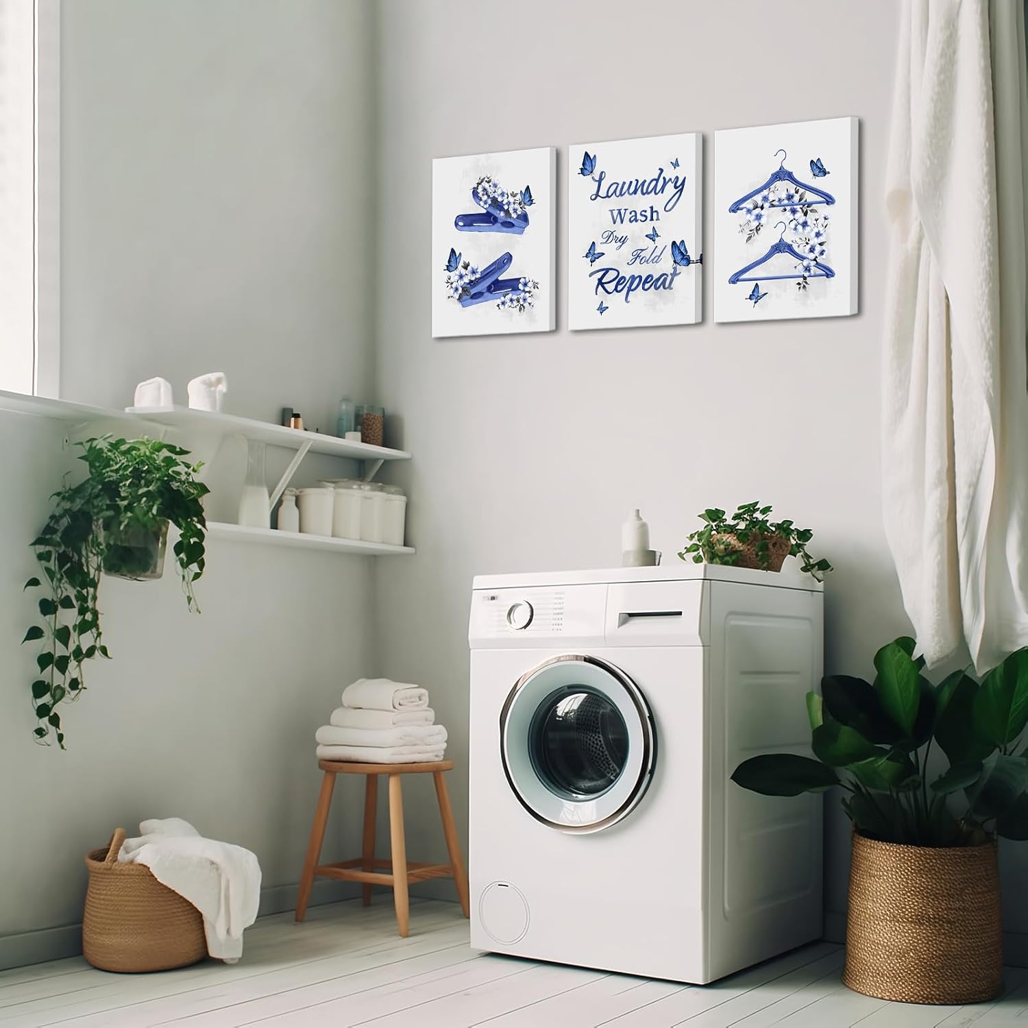 OuElegent Laundry Wall Art Decor 3-Piece Navy Blue Laundry Canvas Prints Blue and White Pictures 12''x16''x3 pcs