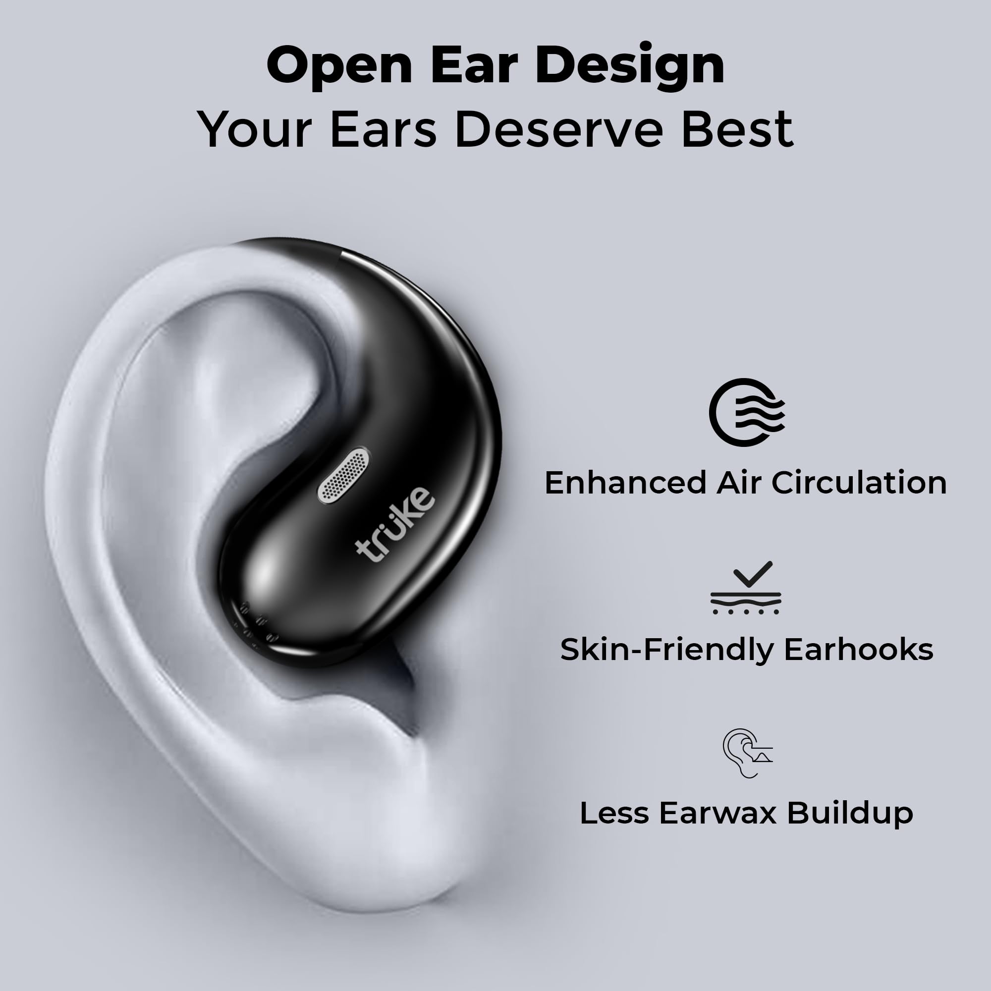 truke New Launch ResonanceX Open Ear Wireless Earbuds, 24-bit Spatial Audio, 70Hrs Playtime with Fast Charging, 16mm Titanium Drivers, 40ms Low Latency, Quad Mic ENC Calls, Made in India (Ash Black) — Amazon image 5
