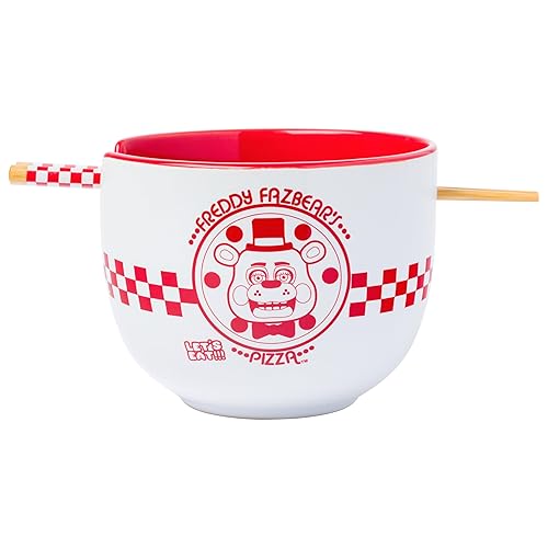 Silver Buffalo Five Nights at Freddy's Freddy Fazbear Pizza Box Ceramic Ramen Noodle Rice Bowl with Chopsticks and Spoon, Microwave Safe, 20 Ounces - Five Night at Freddy's Fazbear Pizza - 20 Ounces