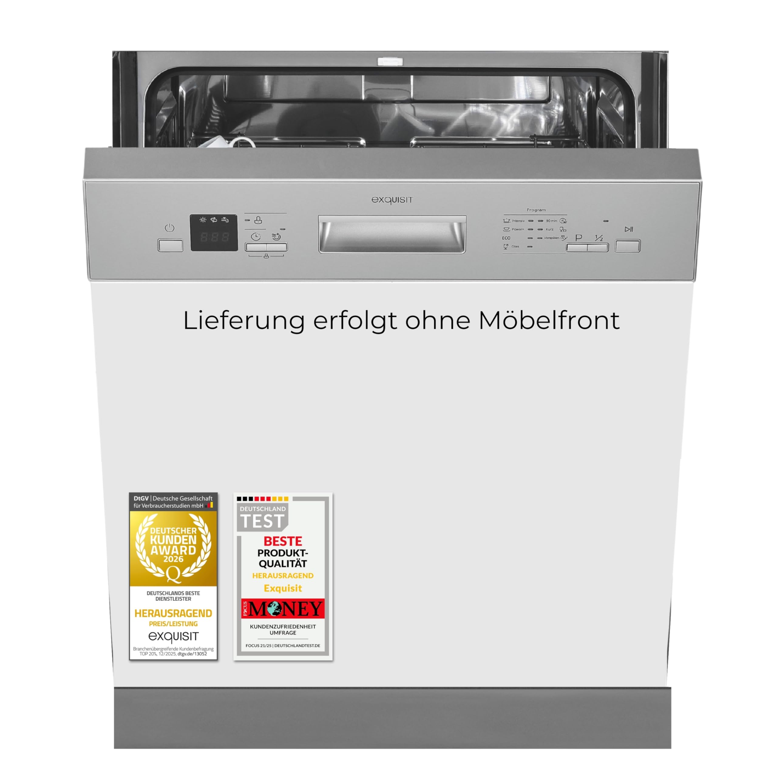 Exquisit EGSP56312 Einbau-Geschirrspüler - Teilintegriert 60 cm, 12 Gedecke | Spülmaschine mit 7 Programmen, Aquastop und Startzeitverzögerung. Inox-Blende, Halbe Beladung sowie LED-Display.