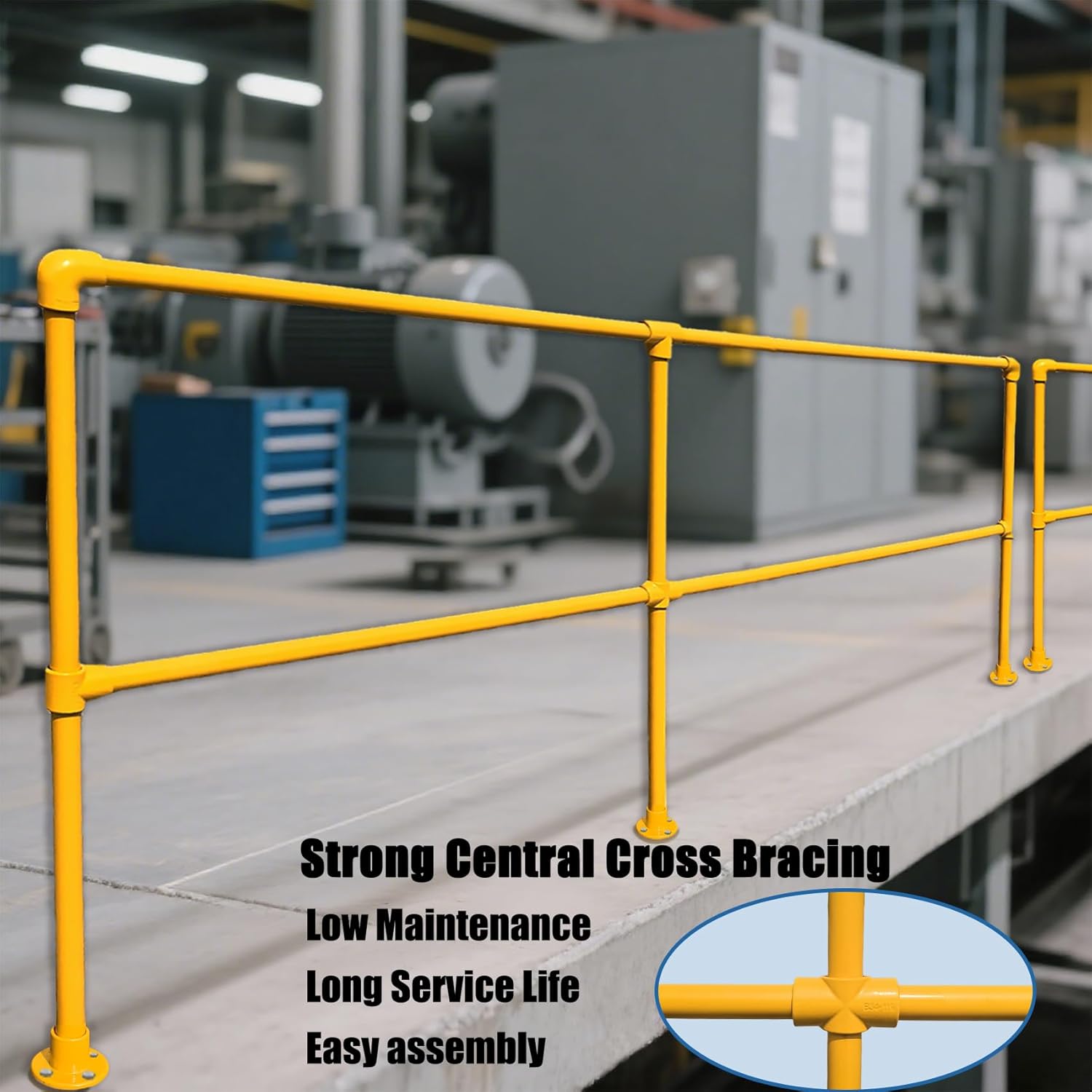9.6’W x 3.4’H Industrial Safety Guardrail - Yellow Galvanized Steel Pipe Railing, Quick-Install Indoor/Outdoor