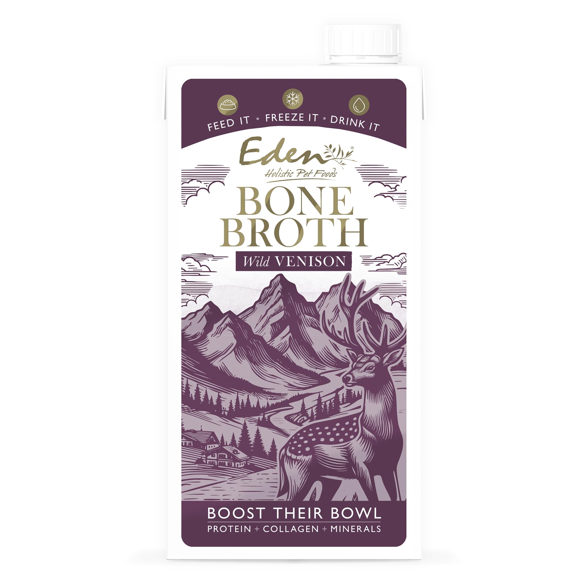 Eden Wild Venison Bone Broth 500ml. For dogs & cats. Good for gut health, packed with collagen. Natural Ingredients, Boost Their Bowl, For Extra Hydration, great for fussy dogs, fussy cats