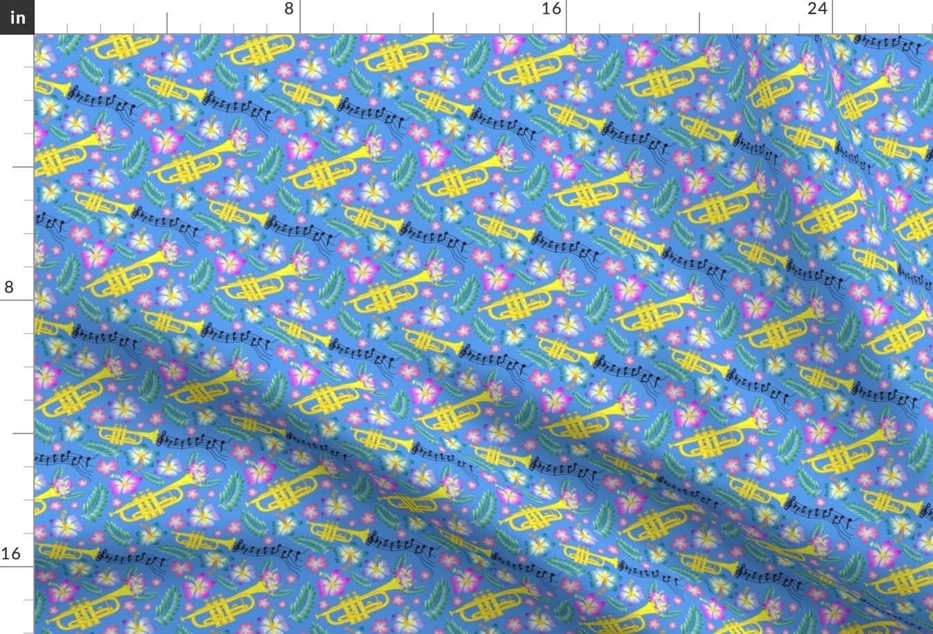Spoonflower Fabric - Blue Trumpet Musical Instrument Classical Music Notes Hawaiian Print Printed on Minky Fabric by The Yard - Sewing Baby Blankets Quilt Backing Plush