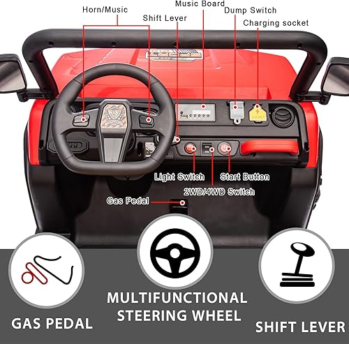 Miniatura 4 de POSTACK Camión volquete de 24 V, 2 asientos, lado a lado, para niños, UTV para niños, auto de juguete con control remoto, automóvil eléctrico con